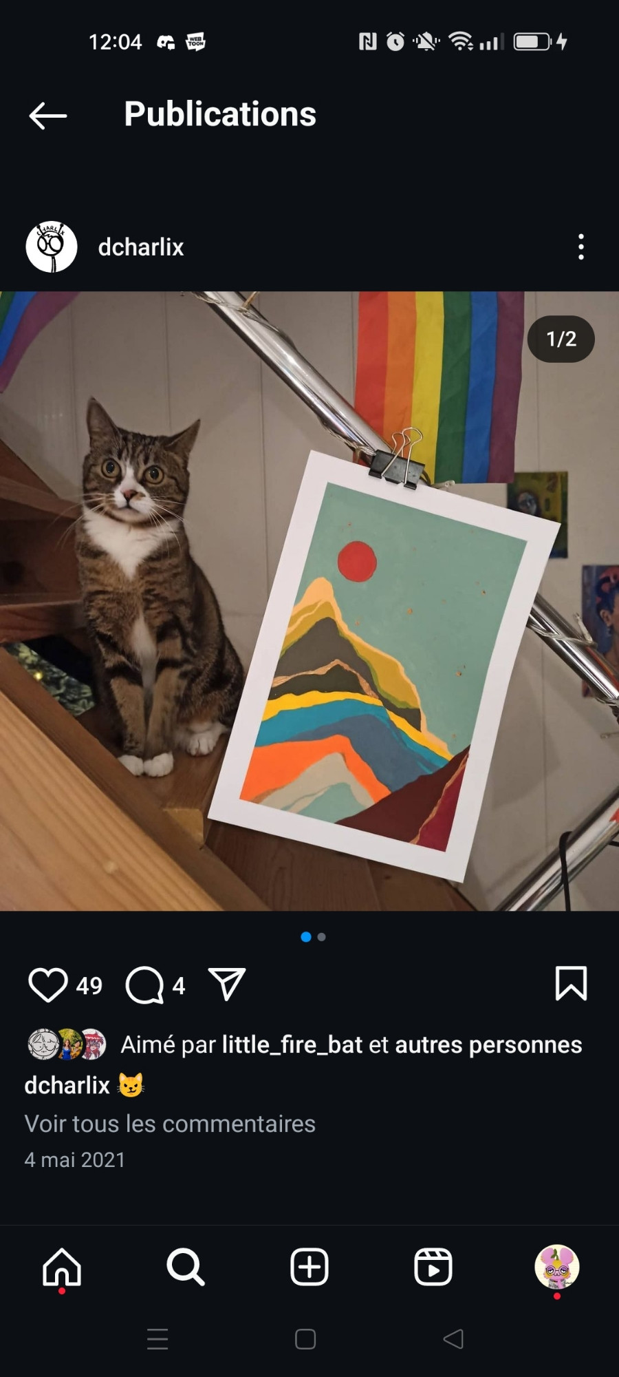 Screenshot of an Instagram post : my cat standing next to my (her ??) painting of a colorful abstract landscape !