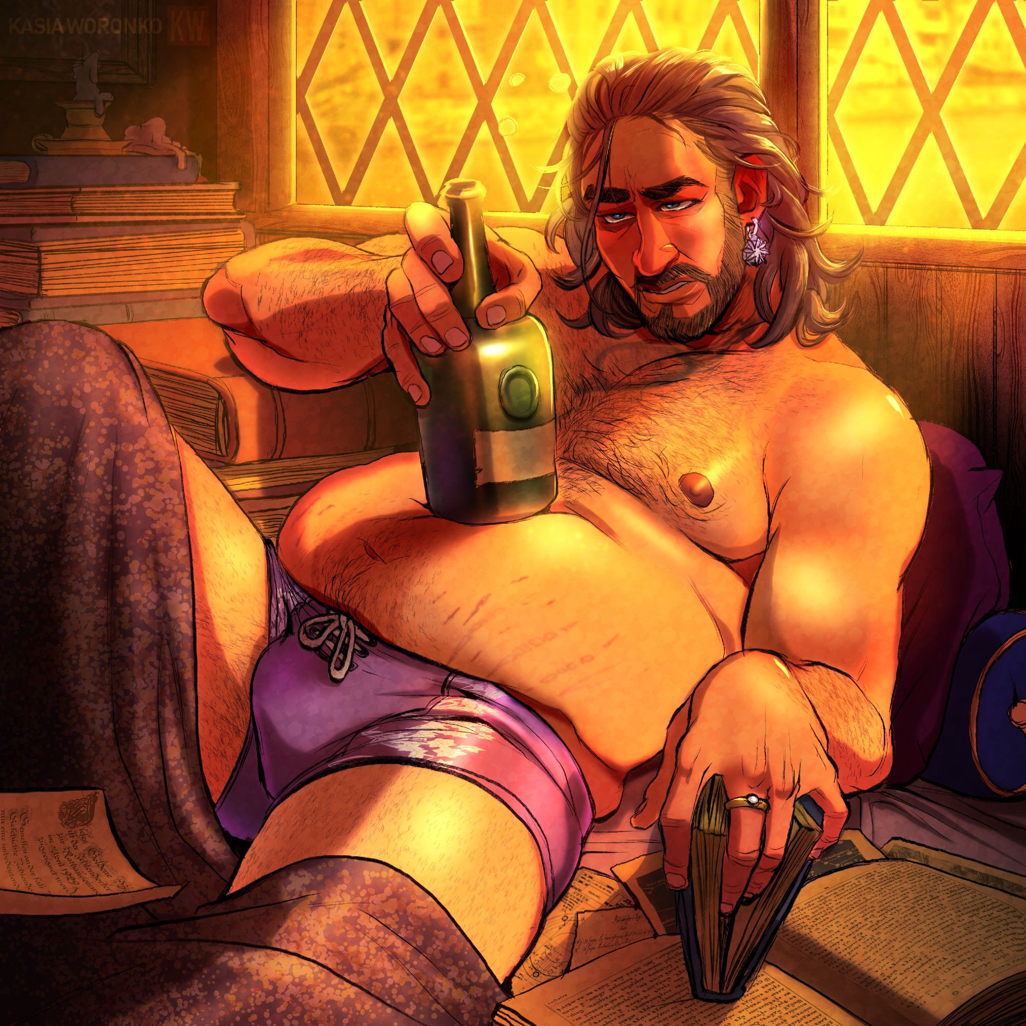 Gale from Baldurs Gate 3, overweight from drinking and still not over his breakup with Mystra, wearing purple underwear and shirtless. Leaning against some pillows and books by him, drunk and holding his fingers in a book in a rather sensually. His gaze off in the middle distance, as he yearns. 