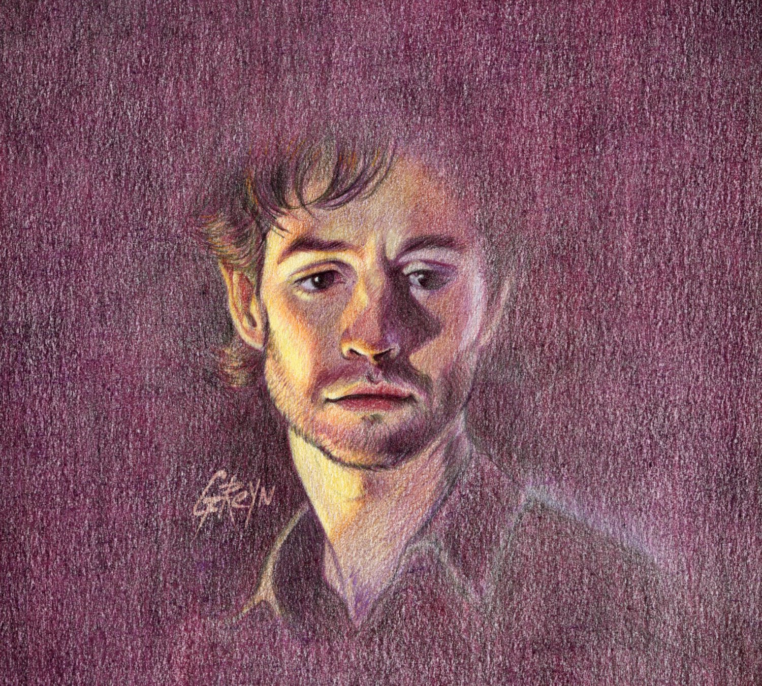 Scanned color pencil drawing of Will Graham, left side of the face is lit by a warm yellow-orange light, right side is disappearing into a red-violet shadow