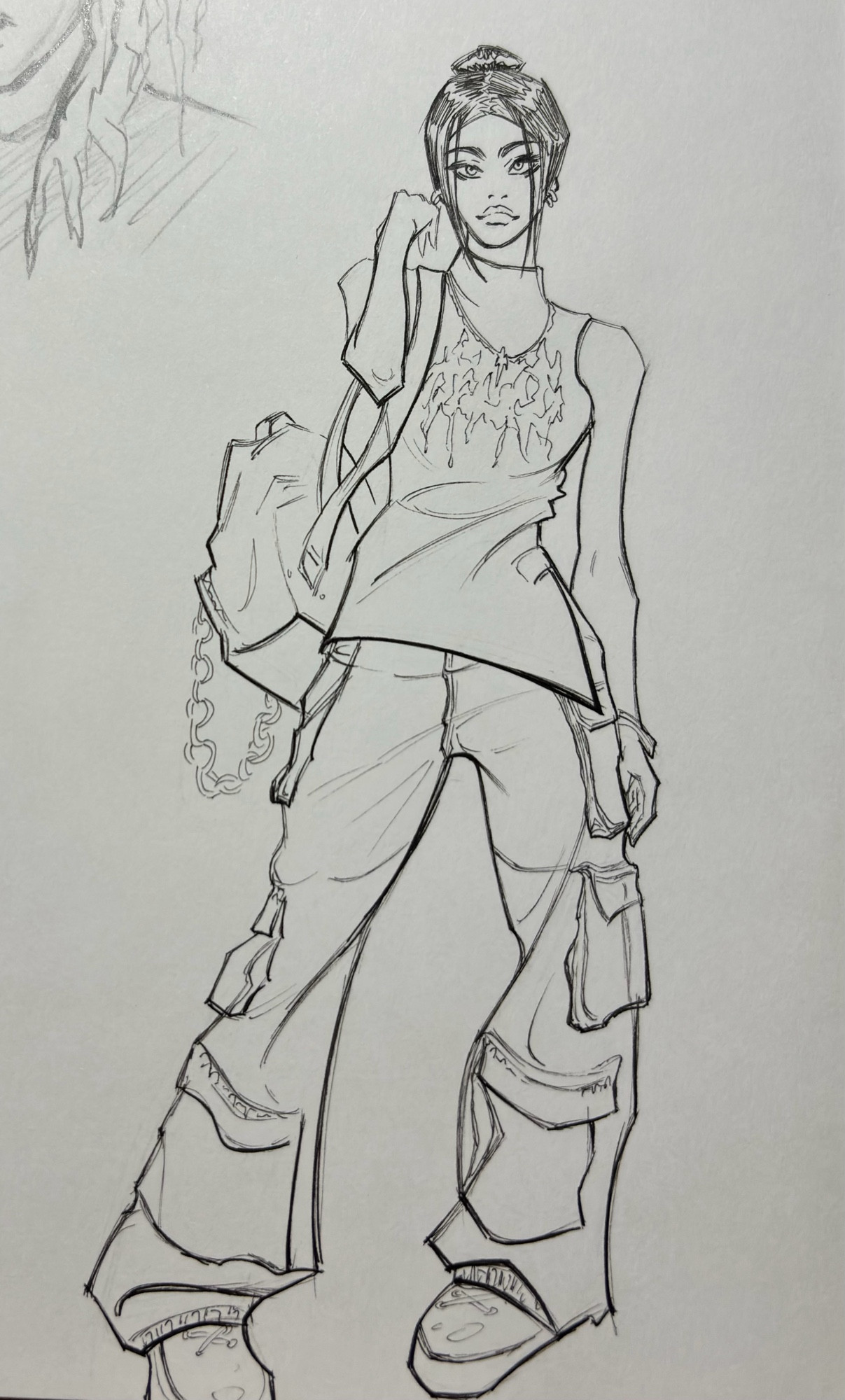 A sketch based on a fashion photo of a young woman posing in baggy pants, big boots and sleeveless top with a backpack hanging from one shoulder