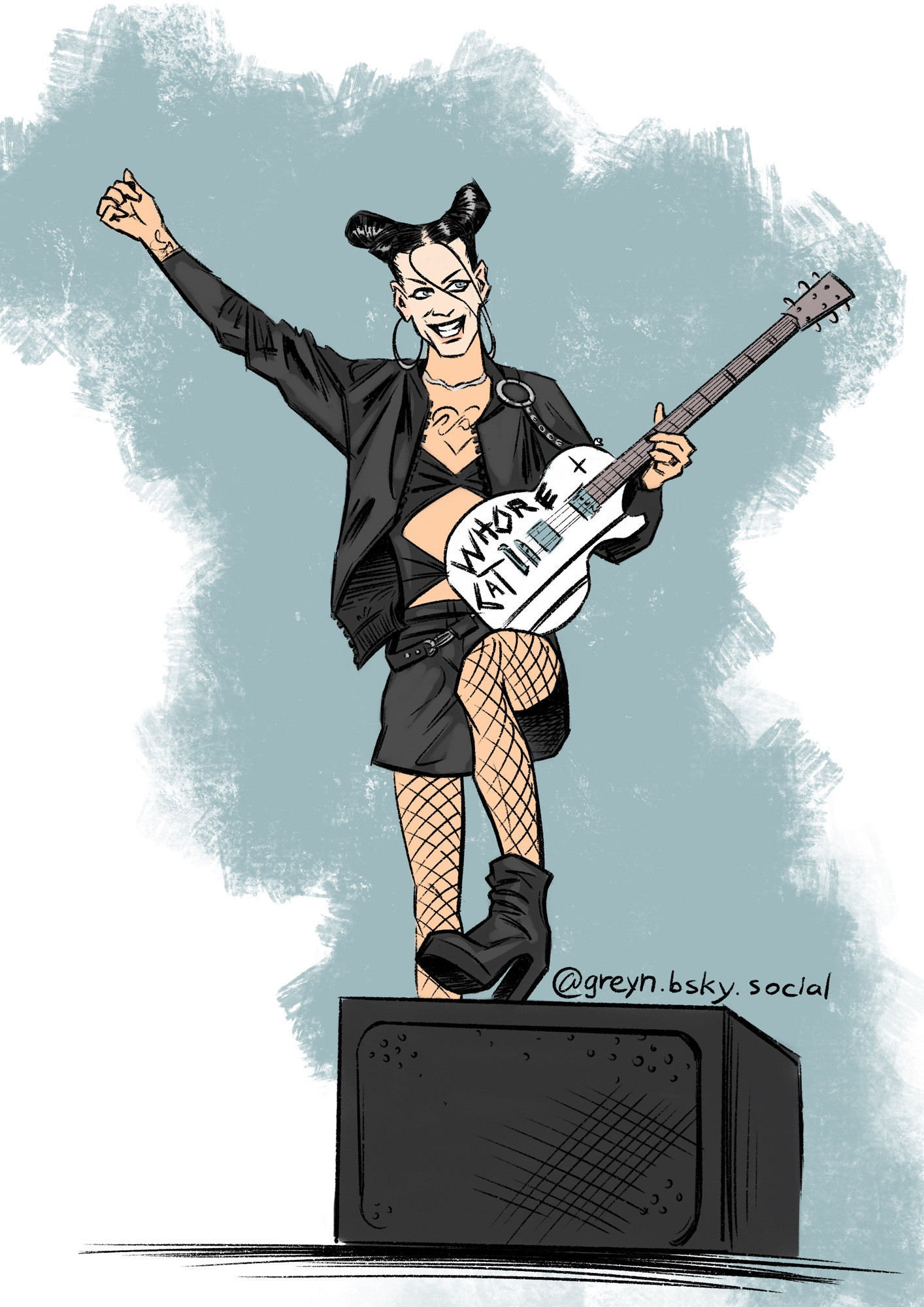 Stylized comics-like drawing of Cat Casino from Deathstars, dressed in a gender-ambiguous black outfit, fishnet tights and high heels, one leg is on a speaker; white guitar propped against it with words “WHORE CAT” 
written on it with black duct tape. Cat is rocking giant earrings-hoops and space buns.