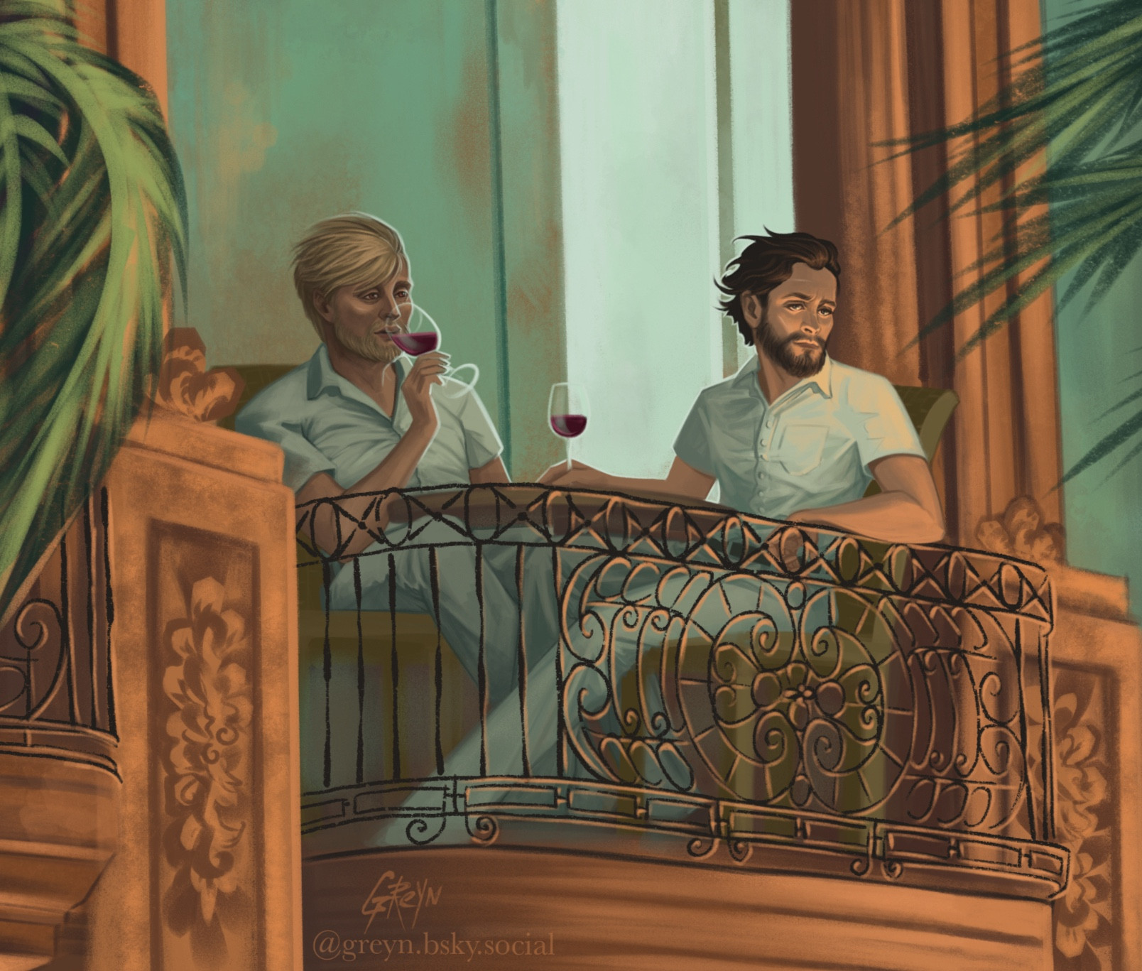 A close up of the painting, showing men (Hannibal and Will) sitting at the coffee table and drinking wine, they dressed in white shirts and white trousers, their hair are messed up by the wind and they have short beards on their faces.