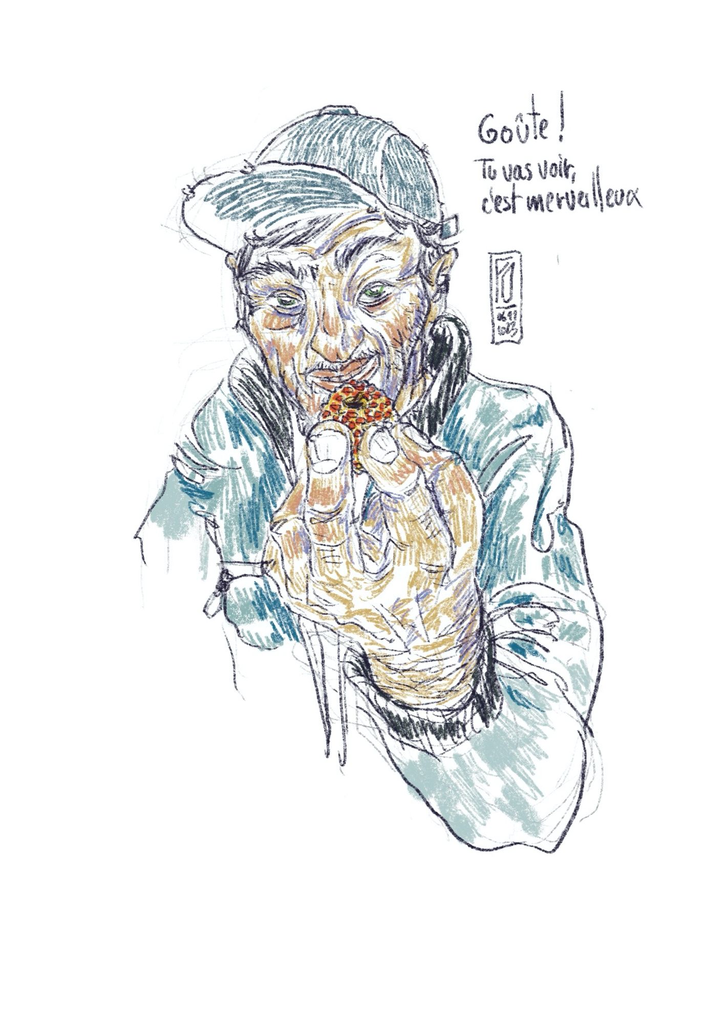 Quick memory sketch of an Afghan refugee offering me to taste one of the fruits he has just picked.