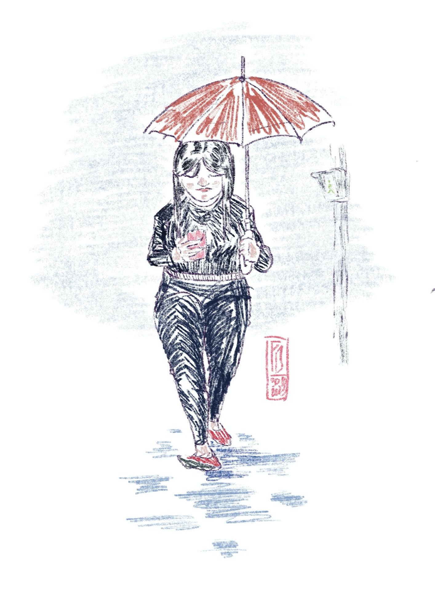 After the rain quick sketch of a teenager girl taking a pedestrian crossing while gazing at her cellphone and holding an umbrella.