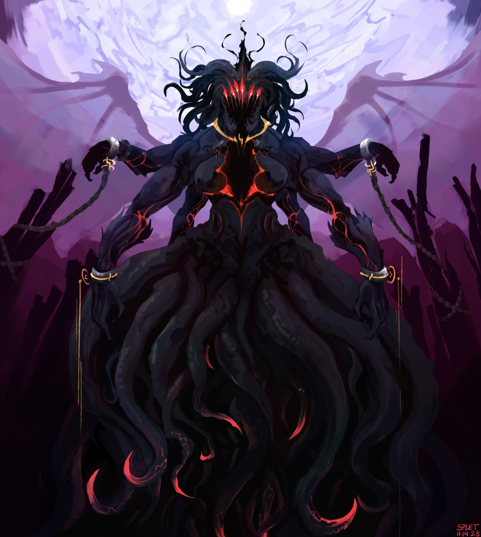 an enormous tentacled beast made from void; her chest has a massive hole in it that leads into pitch darkness. there're orange veins and highlights across her body and she is chained to background elements