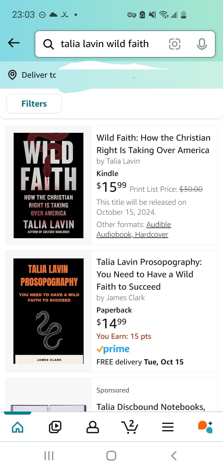 Screen shot of the Amazon app showing Talia Lavin's upcoming book "Wild Faith: How The Christian Right Is Taking Over America". Listed immediately next is a book with a misleadingly similar title, using her name, attempting to steal sales. 