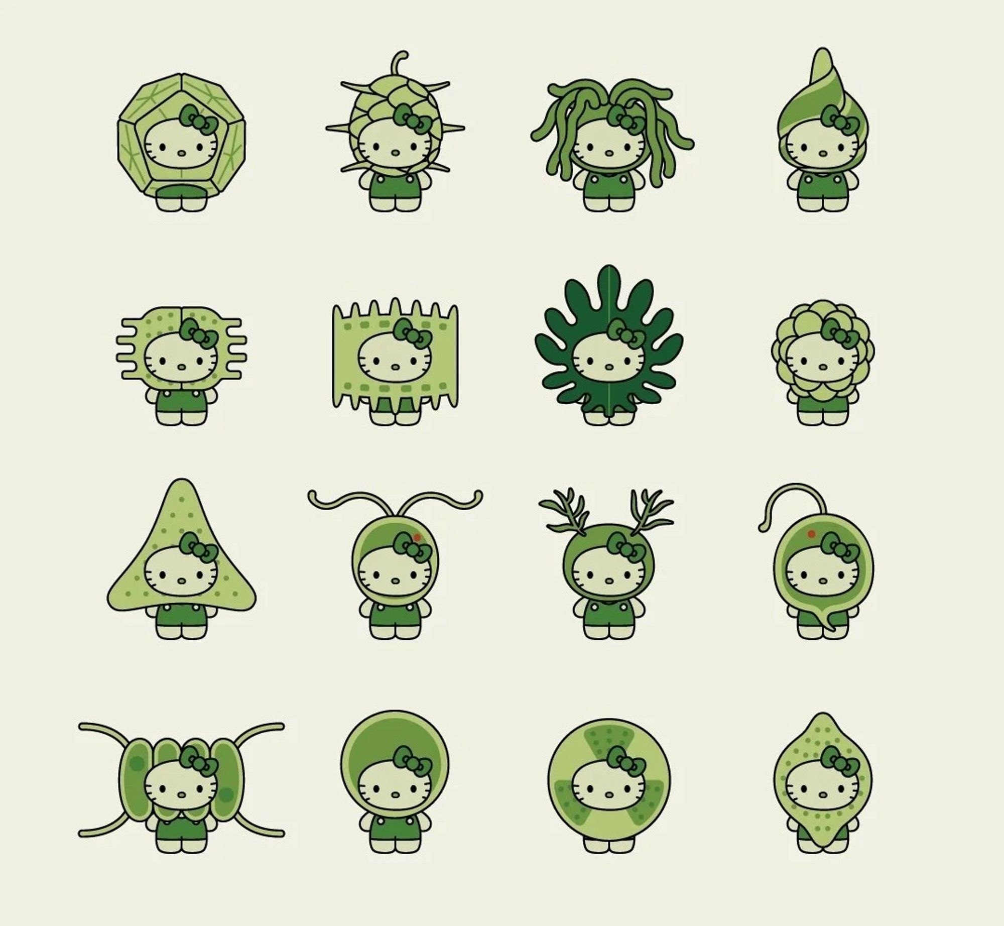 4 rows and 4 columns of Hello Kitty dressed as various algae. The algae are all unlabeled but are tinted green for effect