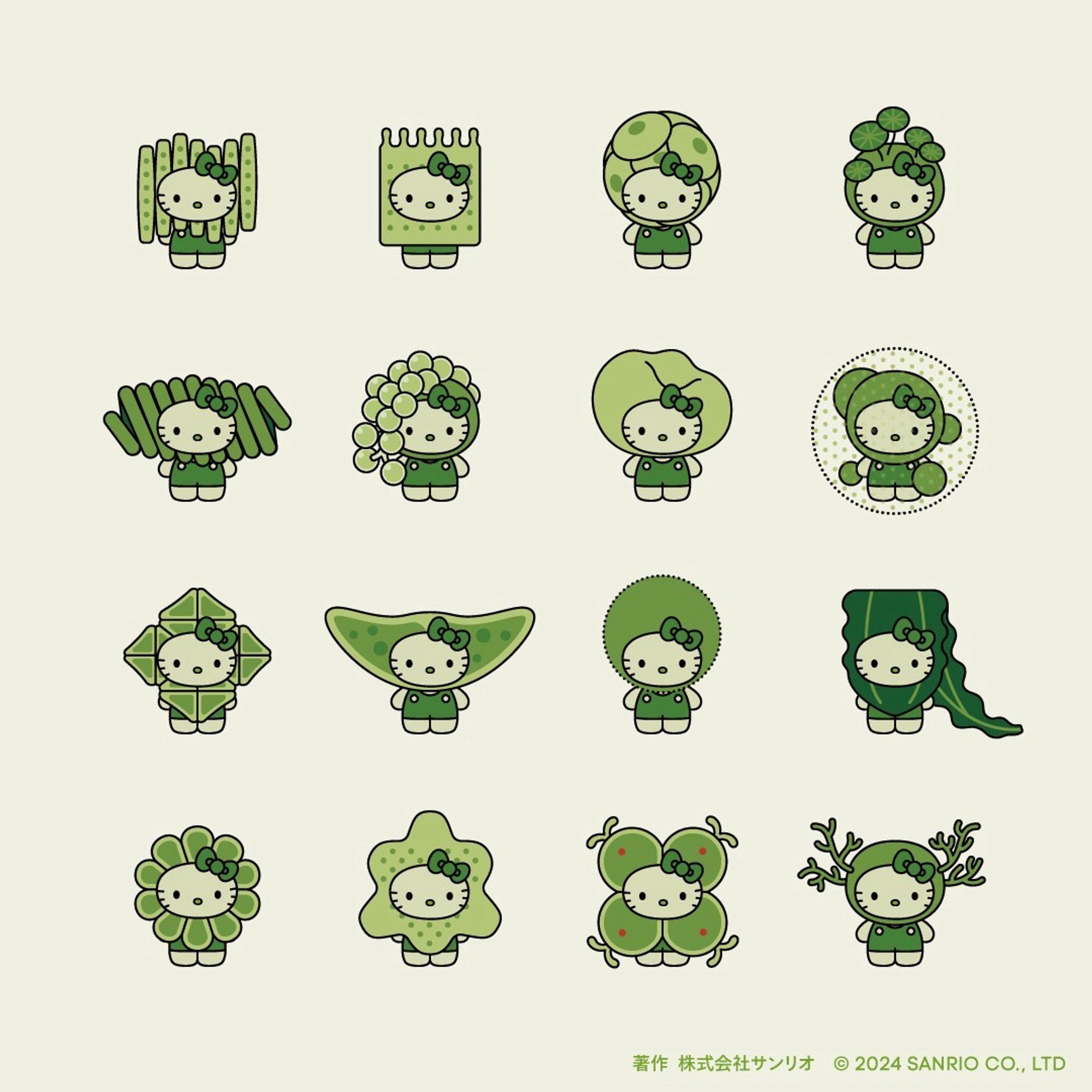 4 rows and 4 columns of Hello Kitty dressed as various algae. The algae are all unlabeled but are tinted green for effect