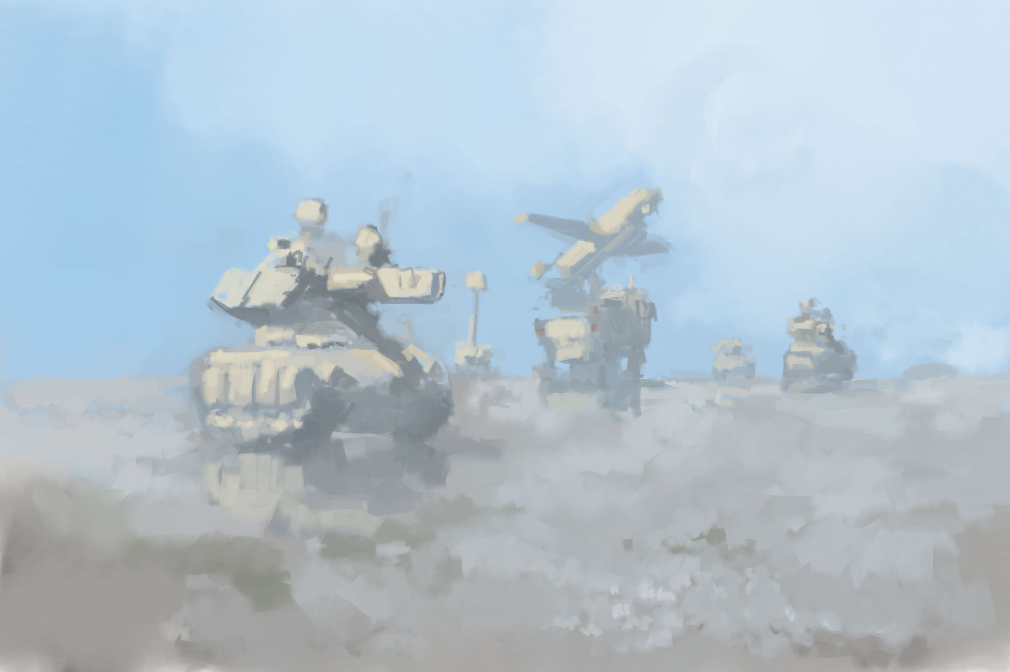 A digital painting of several tanks and a UAV launch vehicle in a desert