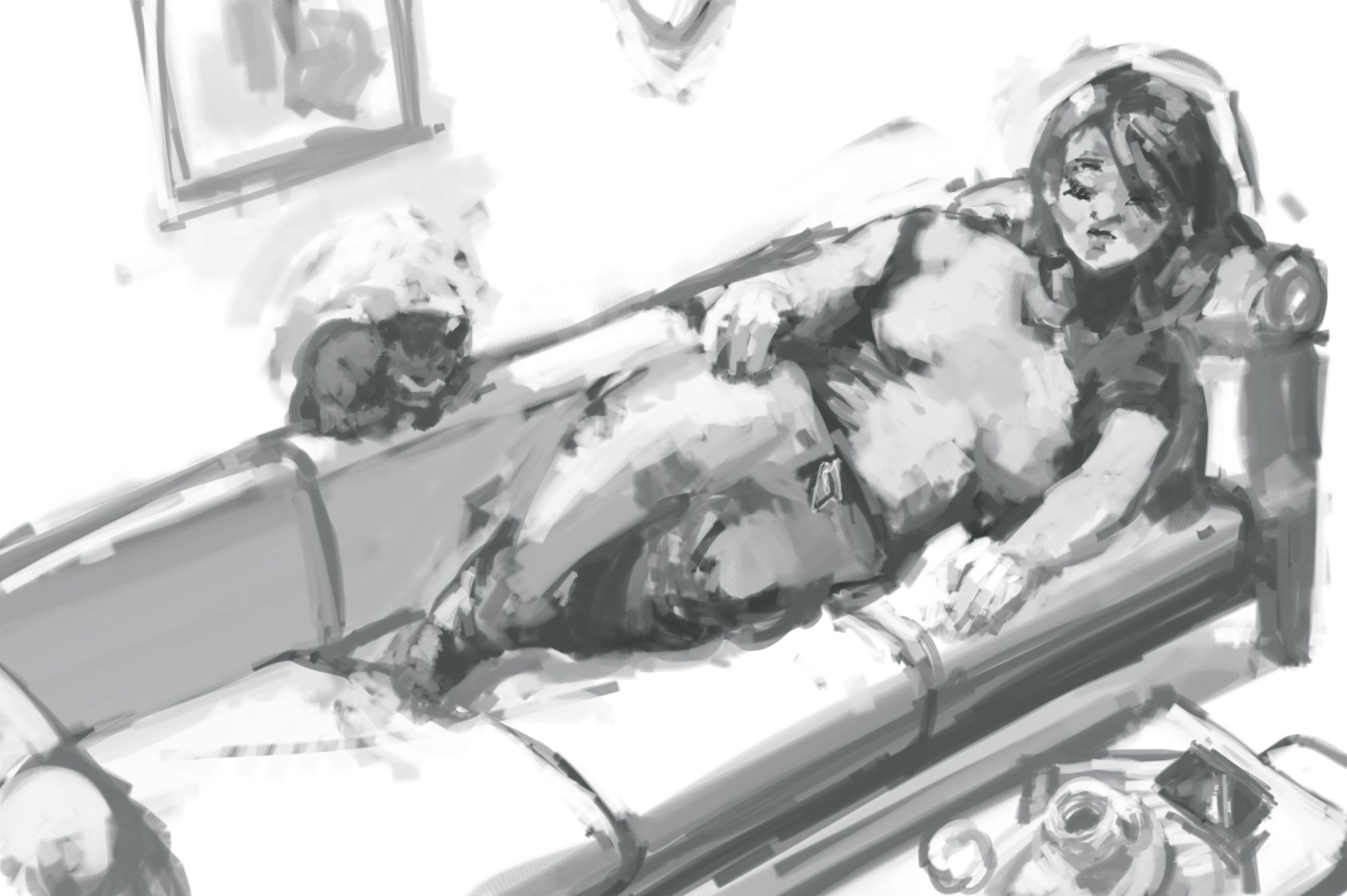 Monochrome digital painting of lady laying on sofa