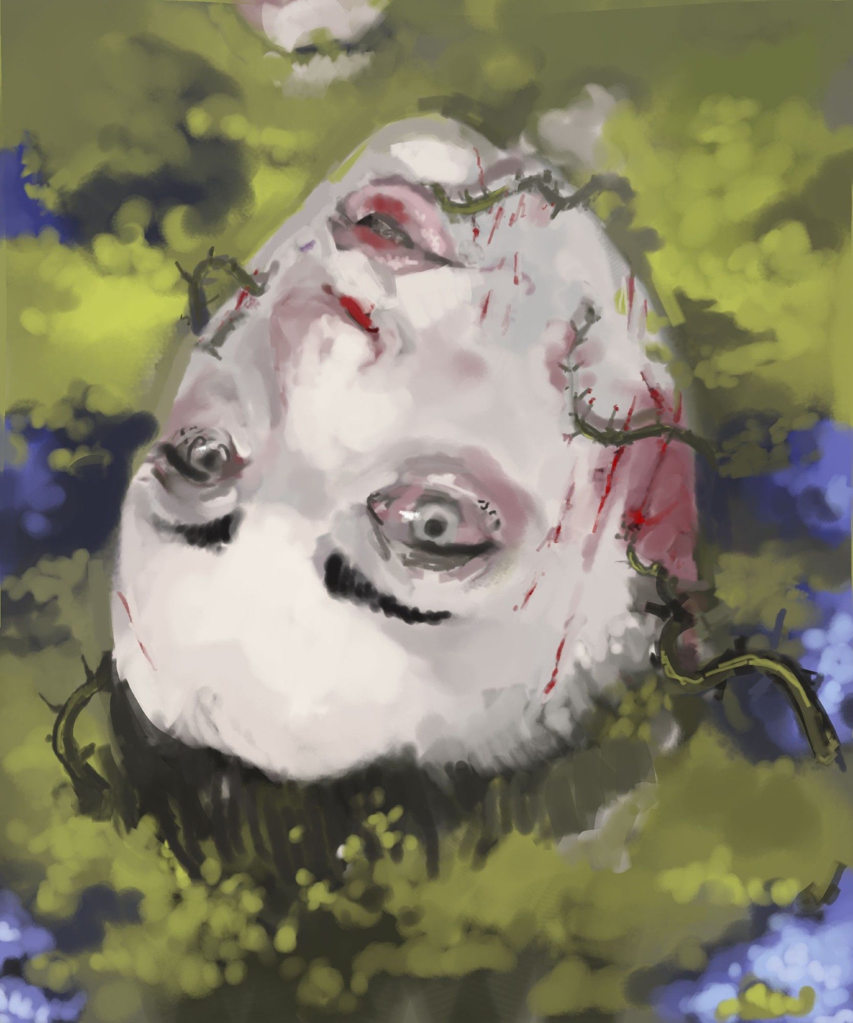 Digital portrait painting of dead woman floating in algae, thorny vines scratching her skin