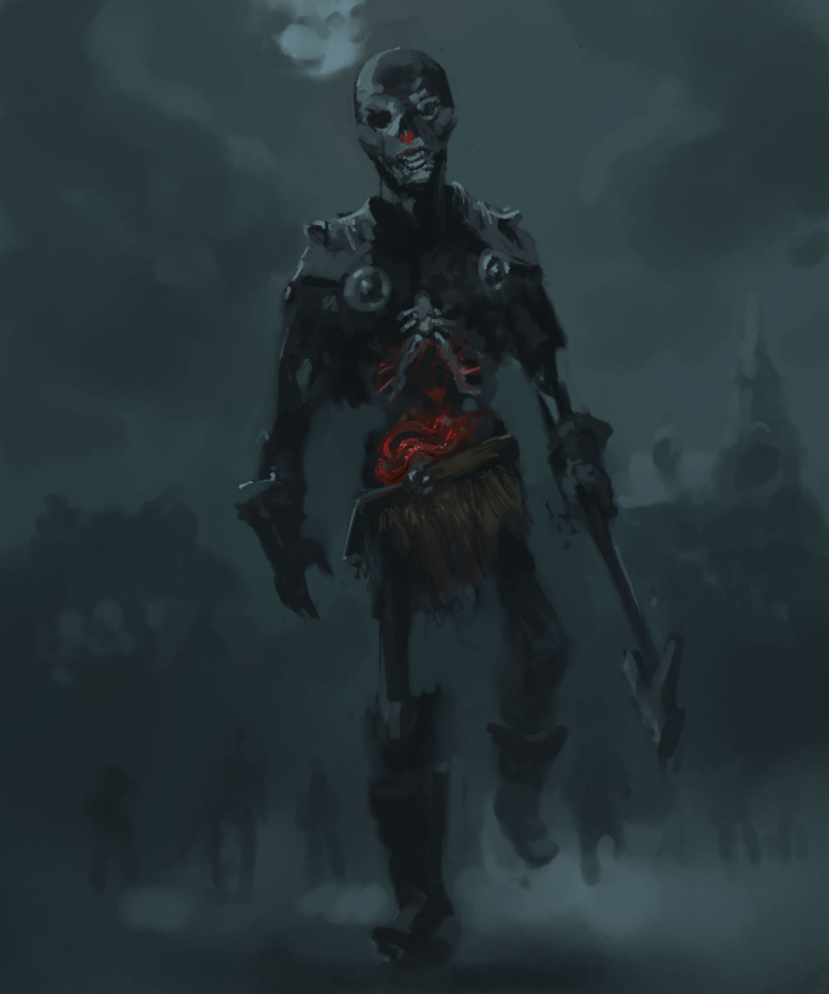 Digital painting of a Blakgh (the opposite of Wight) - an undead warrior. A few buddies, evil temple and full moon in the background