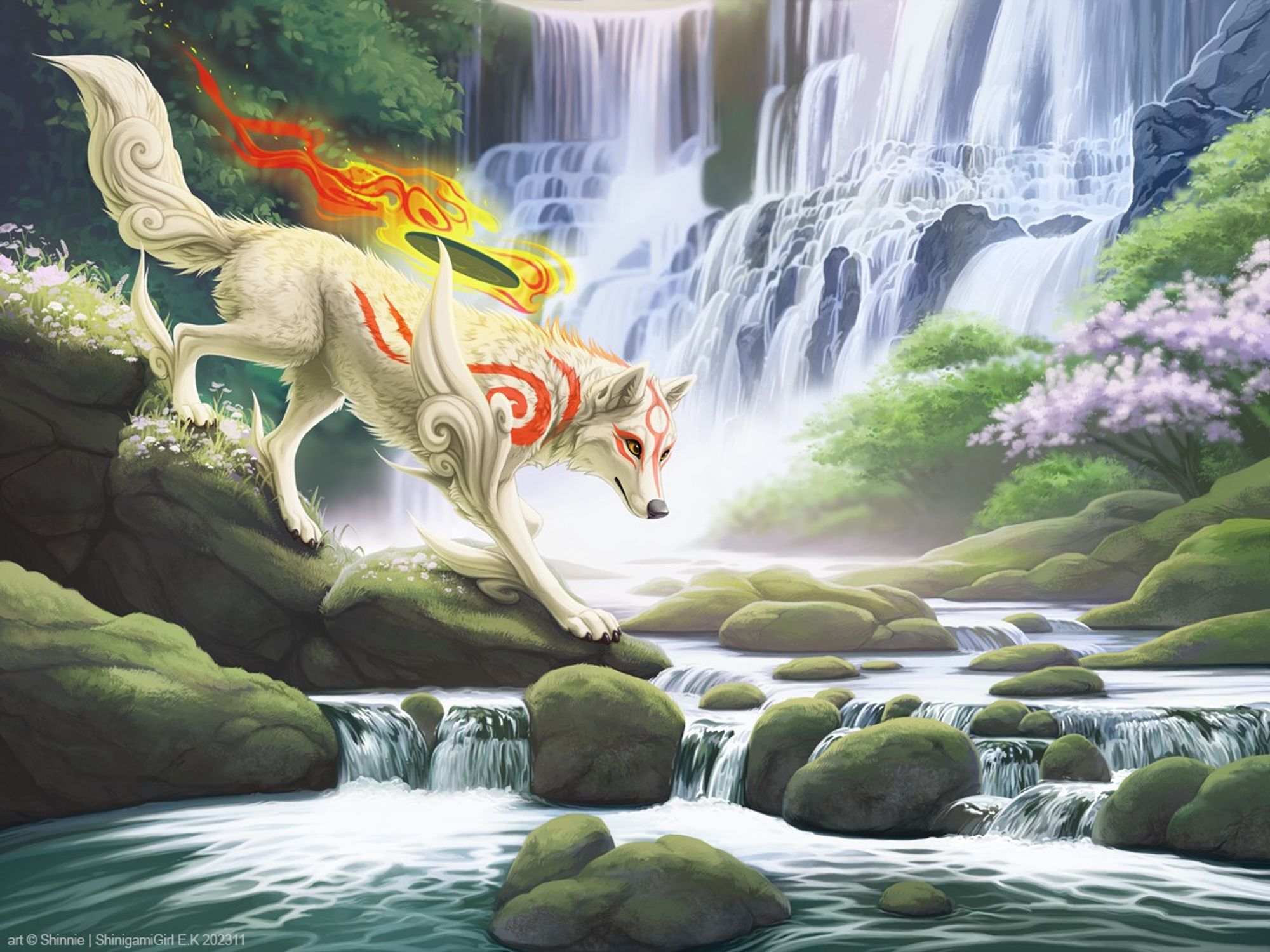 Amaterasu from Okami, walking down some mossy rocks by a huge waterfall.