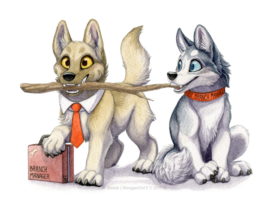 A german shepherd and husky puppies dressed in business attire collars holding up a big branch - they're branch managers