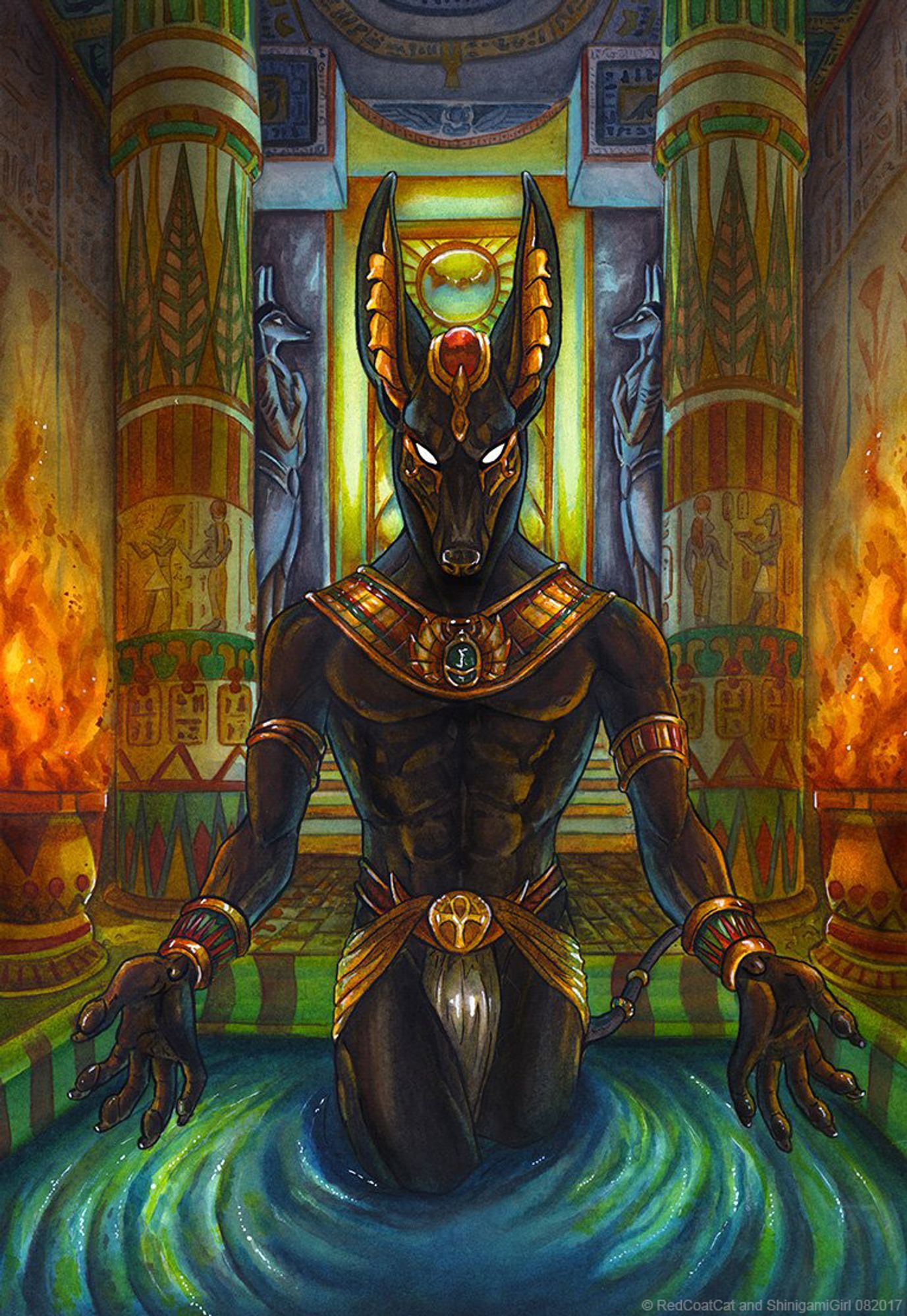 Traditional watercolor piece of anubis in a pool of water inside a temple.