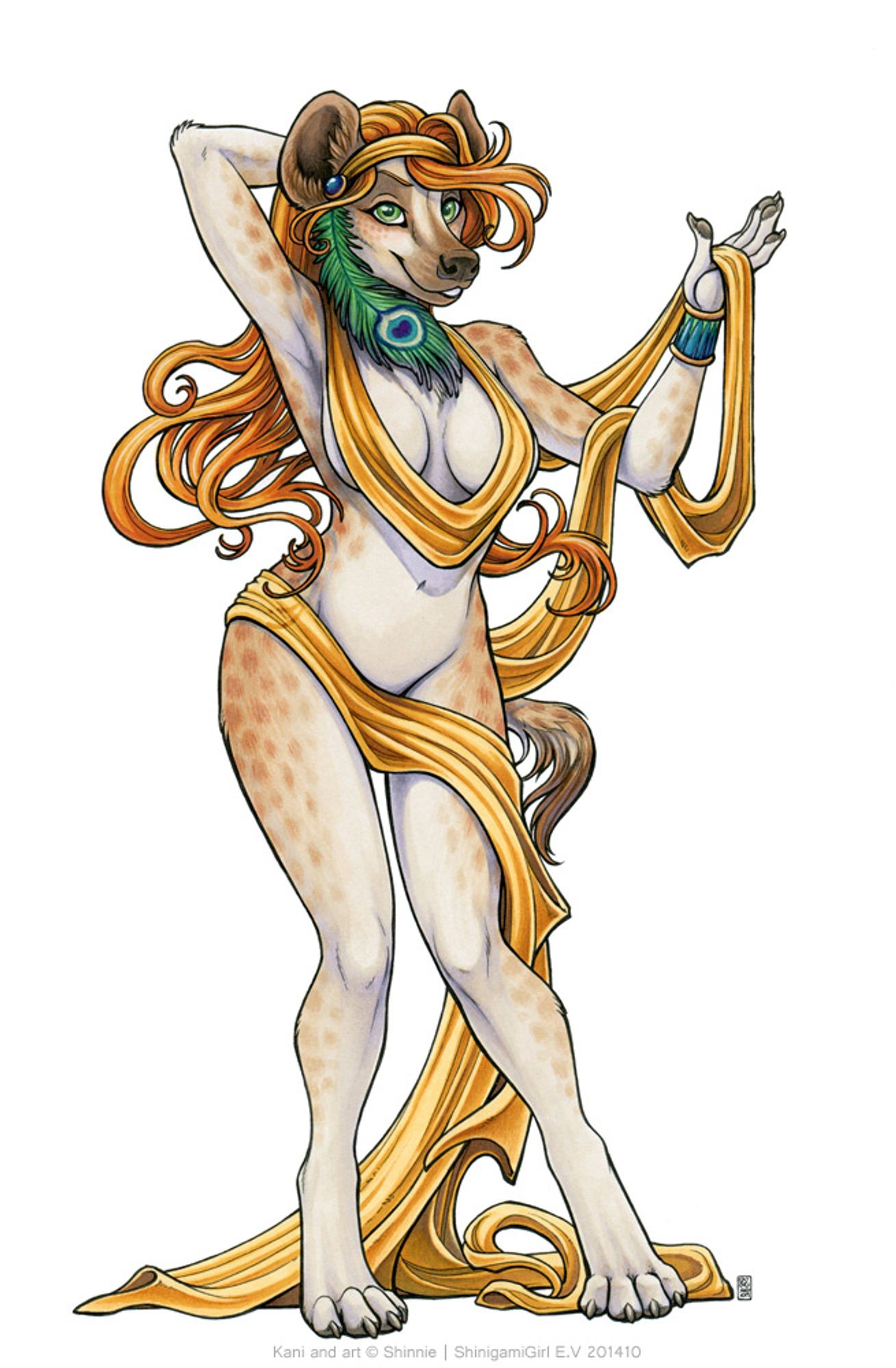 Anthro hyena lady standing with golden drapery covering her body and a peacock feather in her hair.