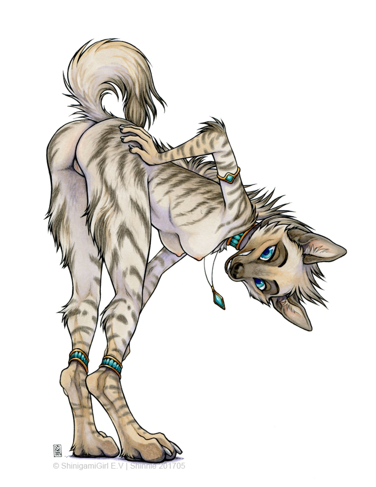 A nude striped hyena lady wearing turquoise jewelry seductively bending over.