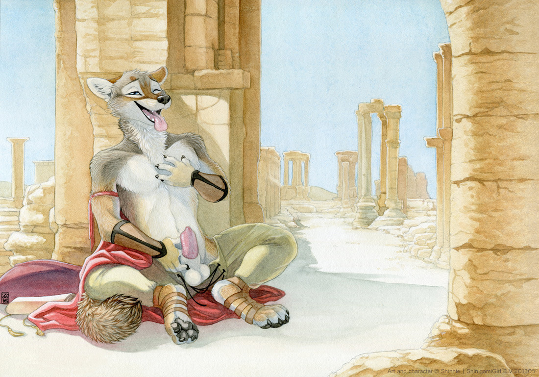 a male anthro jackal feeling frisky at some desert ruins, painted in watercolors