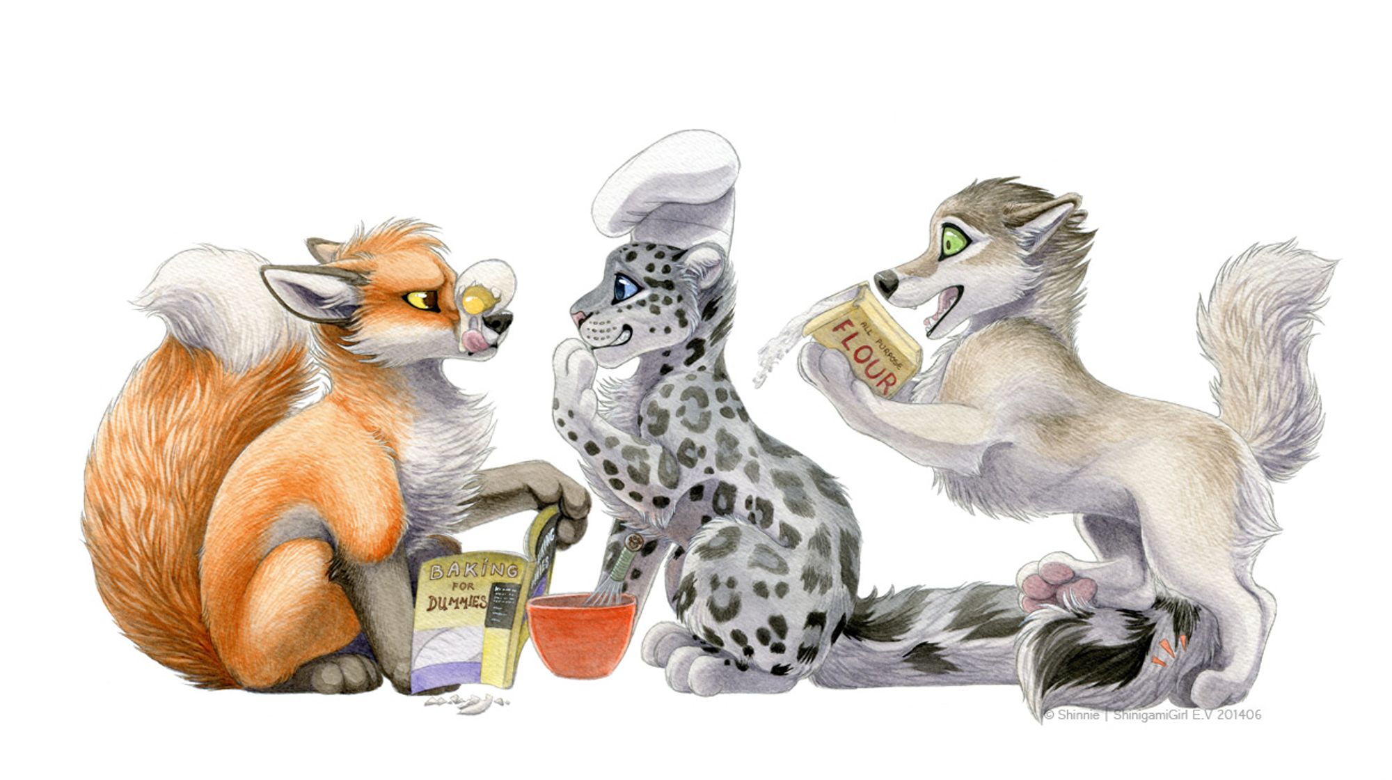 cute watercolor animals making a mess of trying to bake