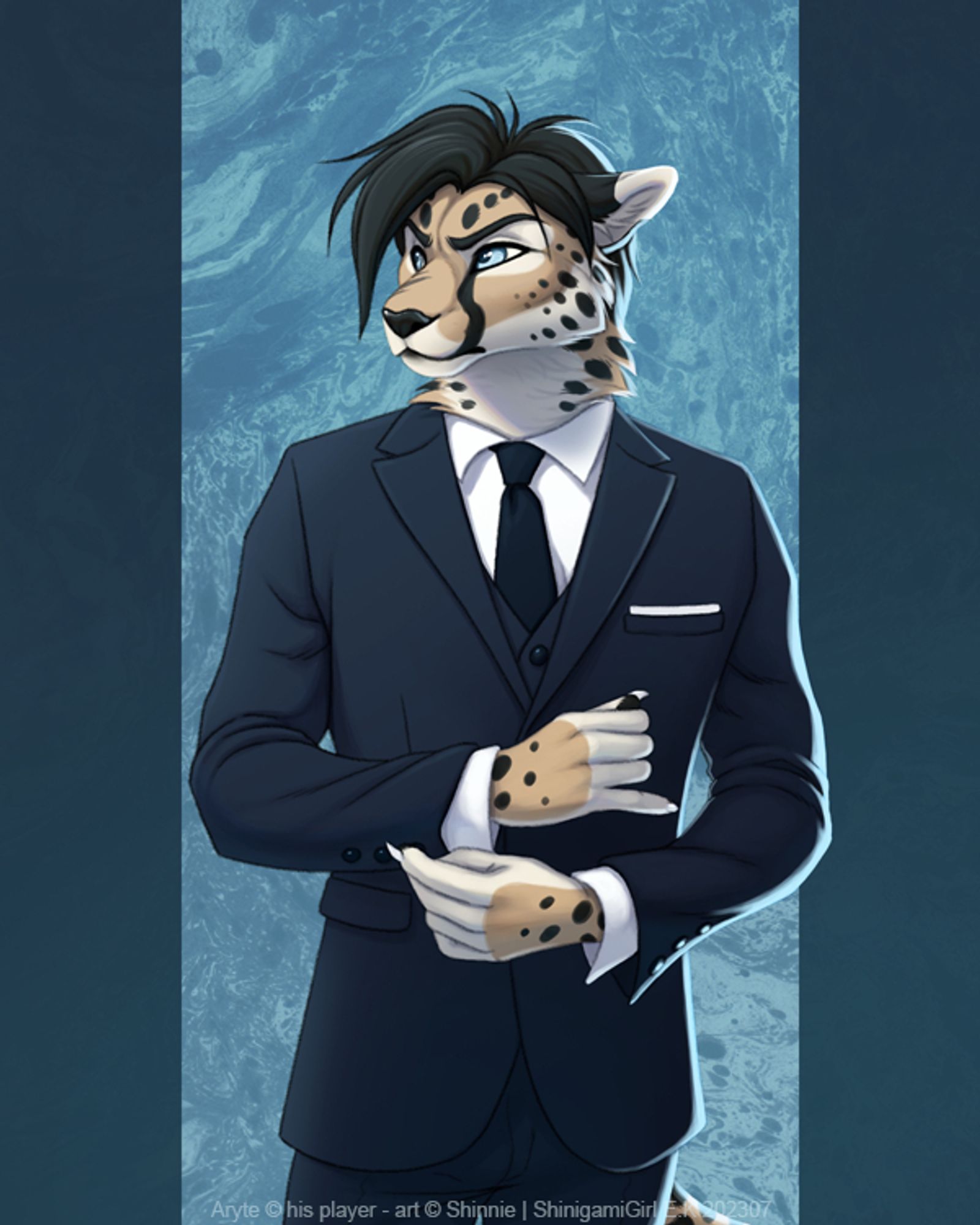 A male anthro cheetah in a blue business suit.