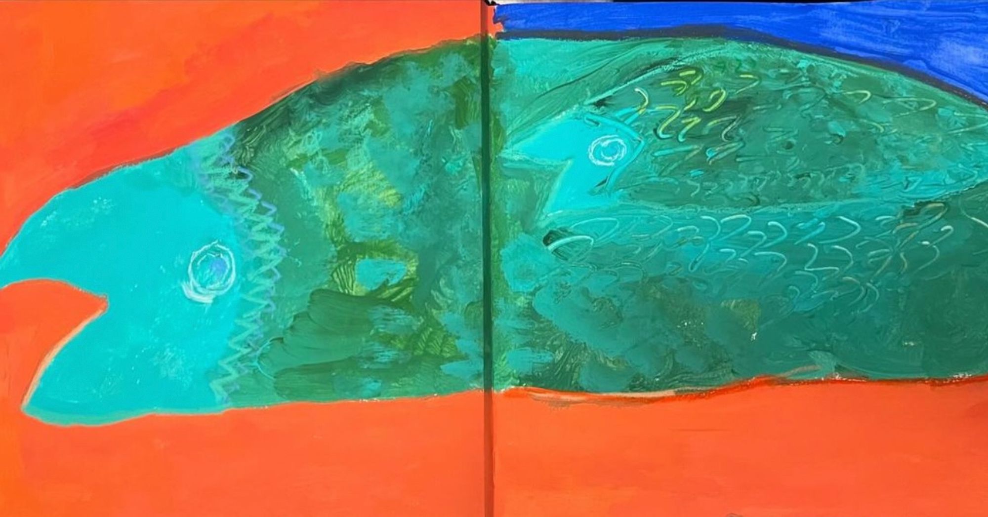 The base layers of a painting, showing a long green fish shape with a turquoise beak-shaped mouth and a smaller fish of the same shape and colour within the body. The background is a dark salmon colour with the top righthand corner a cobalt view. The beginnings of fish scale textured details can be seen.