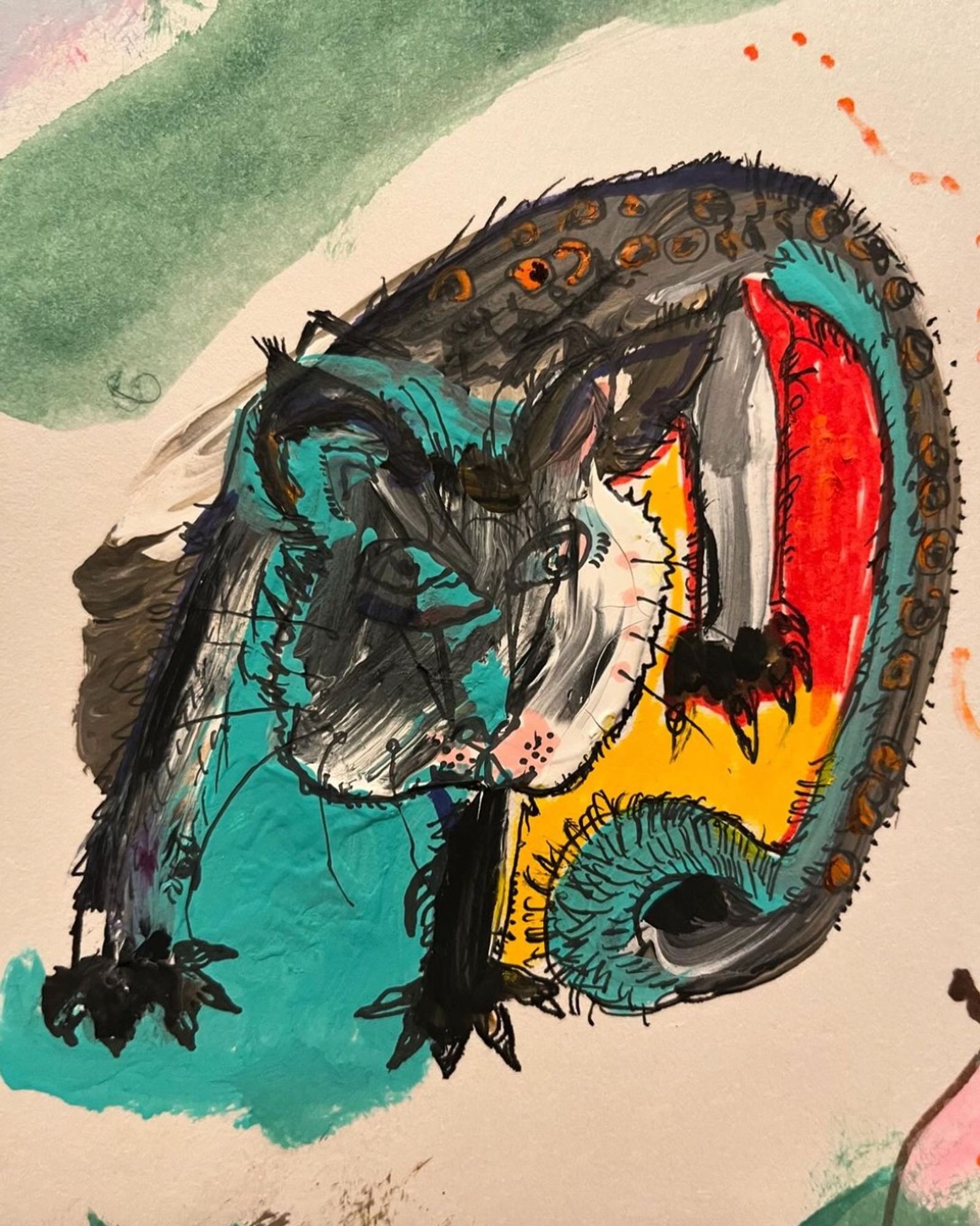 A mixed media painting of a very scrungly looking cat. A mostly while background with smudges of dark turquoise, red, and yellow blocks of abstract colour, a mostly-black cat with a large curled tail has prominent whiskers and scraggly bits of black hair all over.