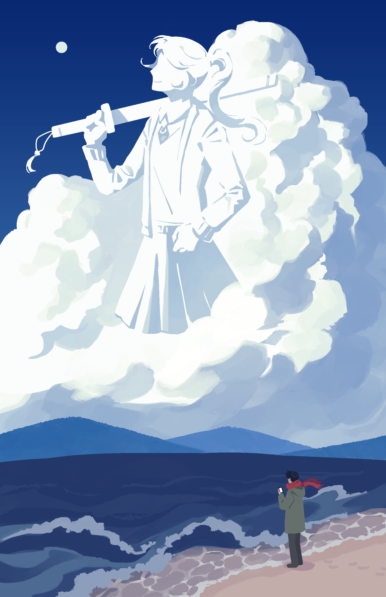 Digital fanart for Omniscient Reader's Viewpoint. It depicts Kim Dokja as a teenager wearing a red scarf and green coat while looking at his phone. He's standing at the edge of the ocean at the beach. In the distance over the horizon, there is a large white cloud formation that contains the silhouette of Lee Jihye. She is smiling confidently and is resting her sword over her shoulder.