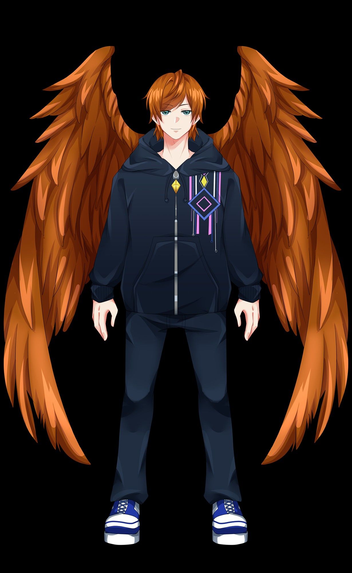 A picture of my pngtuber avatar. They're an anime boy with messy ginger hair, feathery ginger-colored wings, and a tech themed hoodie.