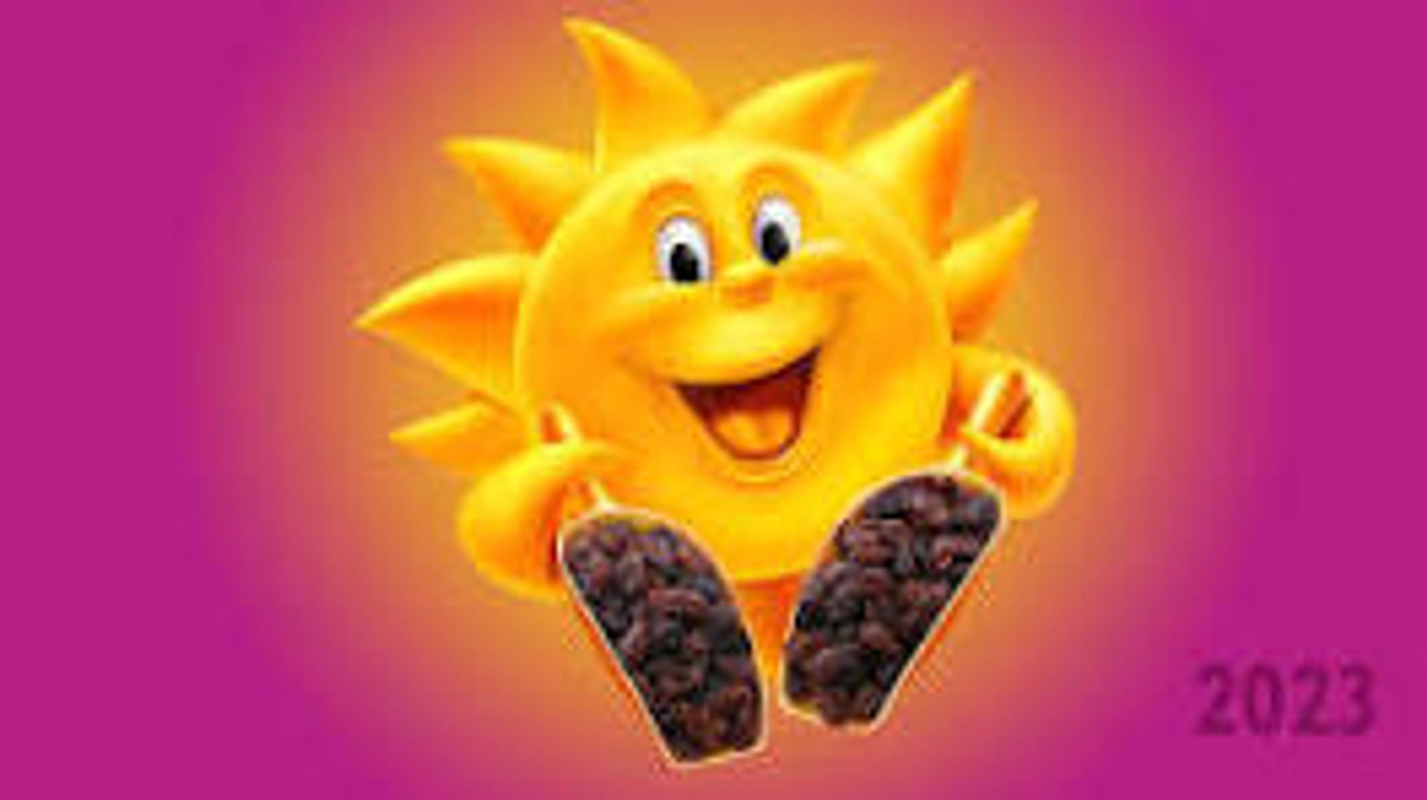 cartoon picture of the sun from the Raisin Bran box, holding the two scoops of raisins

"2023" is in the lower right corner