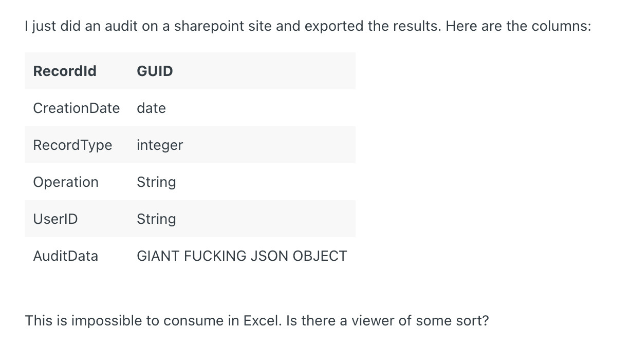 Text states: I just did an audit on a sharepoint site and exported the results. Here are the columns:
Recordld
GUID

CreationDate
date

RecordType
integer

Operation
String

UserlD
String

AuditData
GIANT FUCKING JSON OBJECT

This is impossible to consume in Excel. Is there a viewer of some sort?