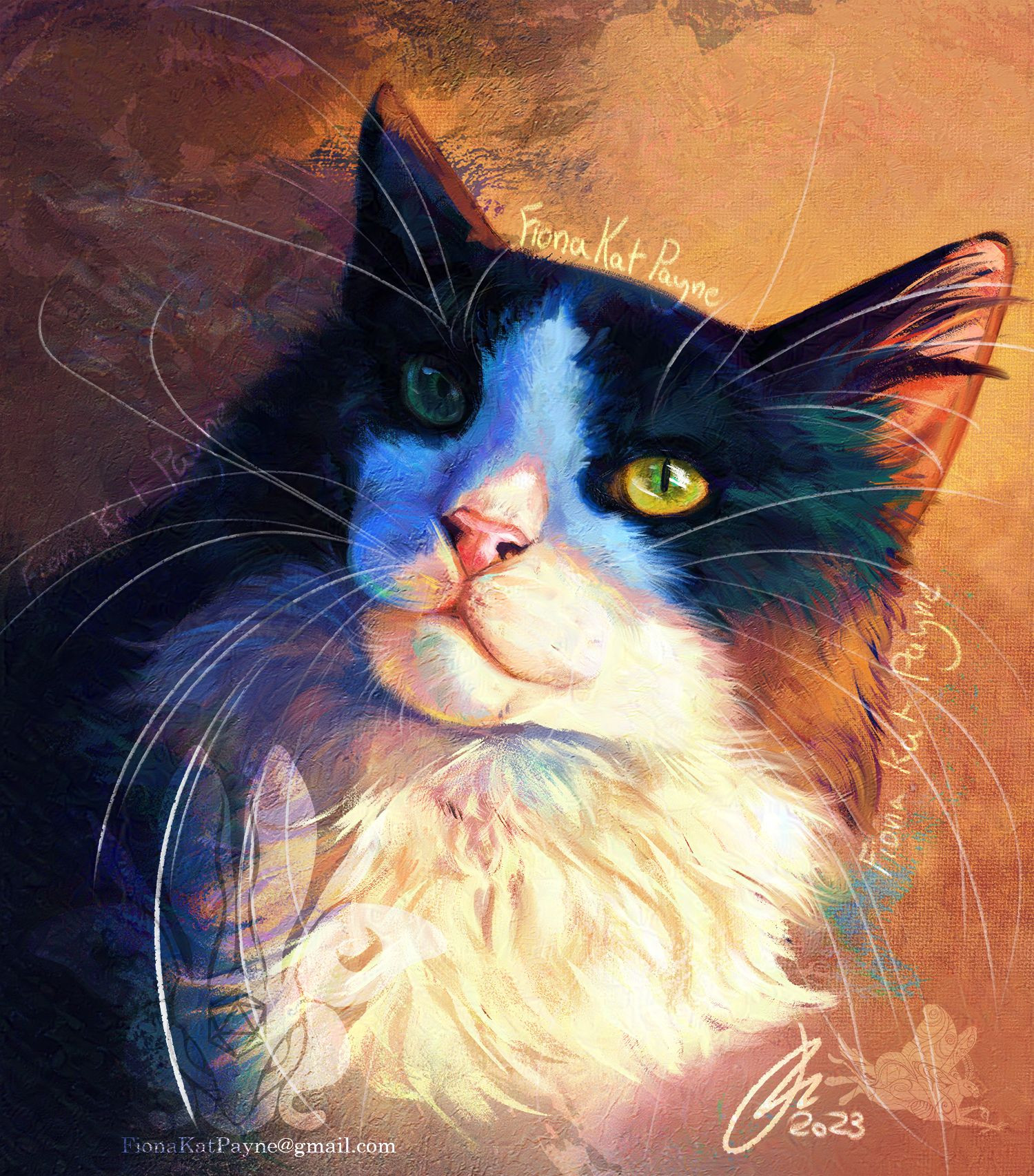 Tuxedo cat digitally painted to mimic tradtional oils on canvas