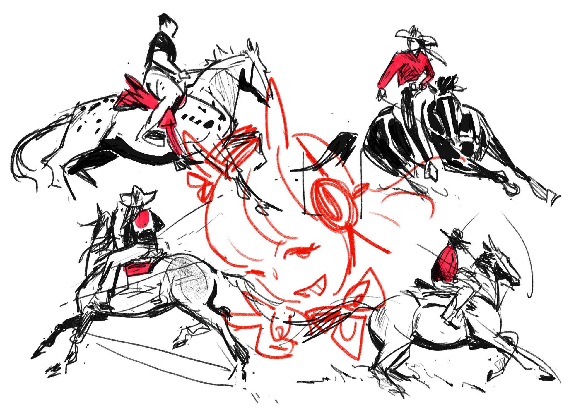 sketches of horses and riders barrel racing