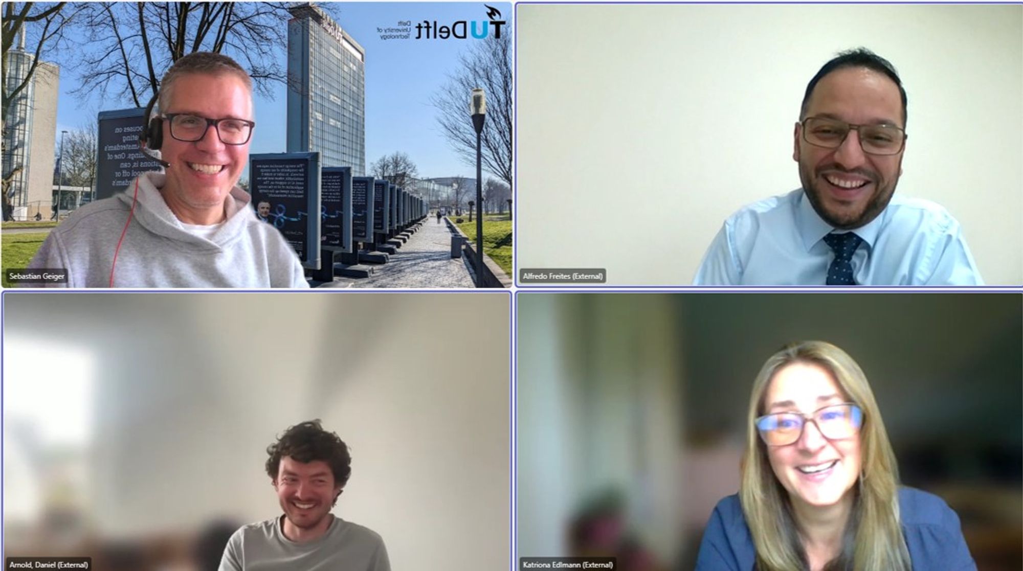 Microsoft Teams screenshot showing the happy PhD candidate, the examiners, and the PhD advisor