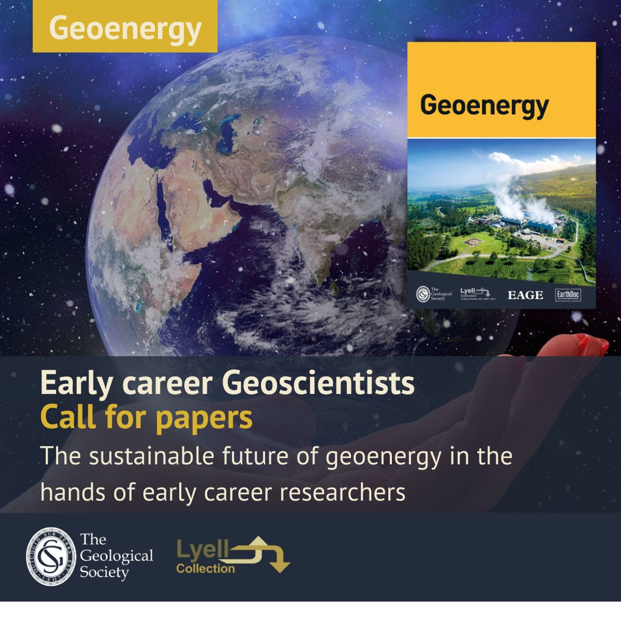 Flyer advertising the thematic issue "The sustainable future of geoenergy in the hands of early career researchers" to be published by Geoenergy