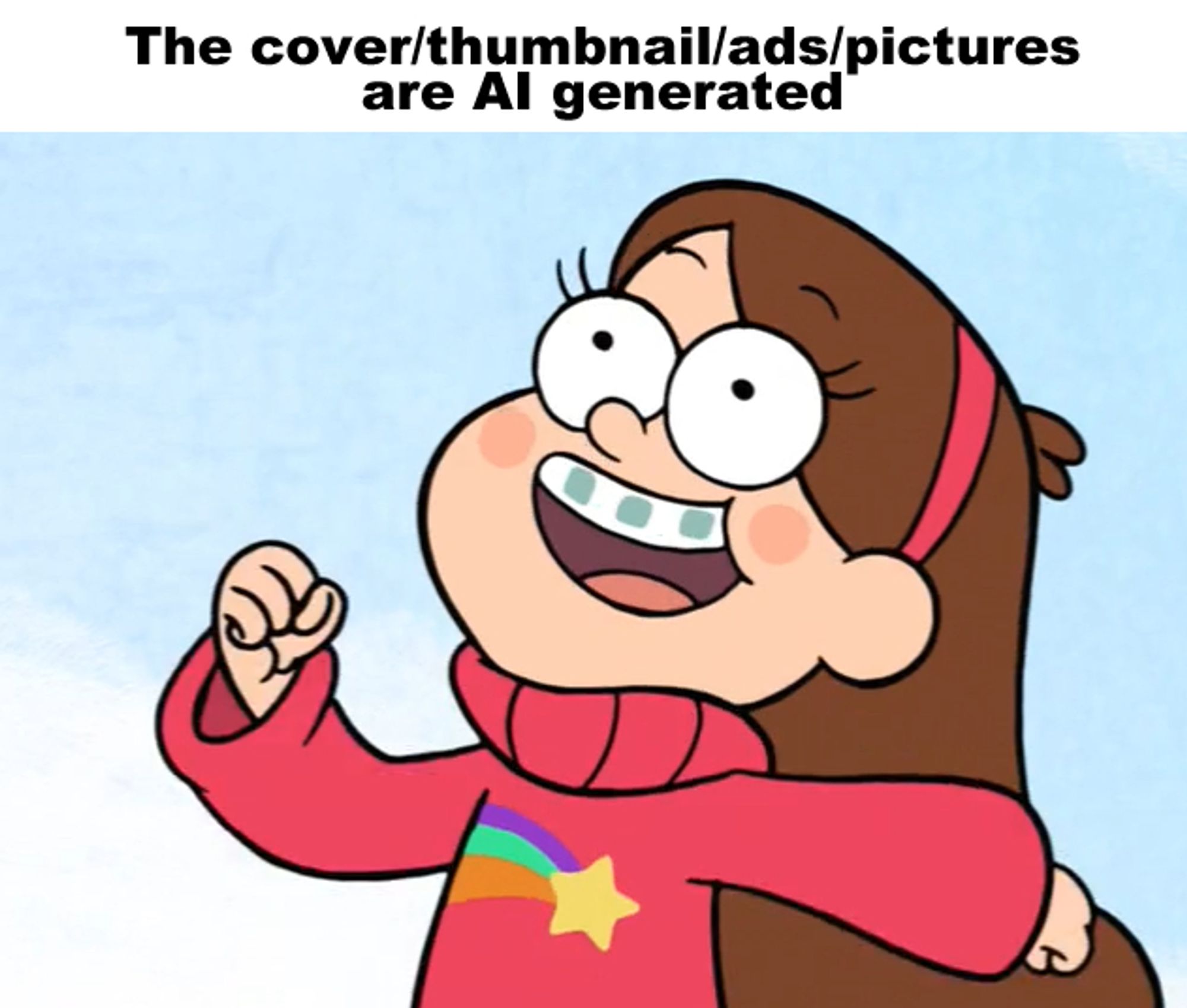 Caption now reads "The cover, thumbnail, ads, pictures are AI generated" and the picture is the same one of Mabel from before, only flipped so she's running off in the other direction.