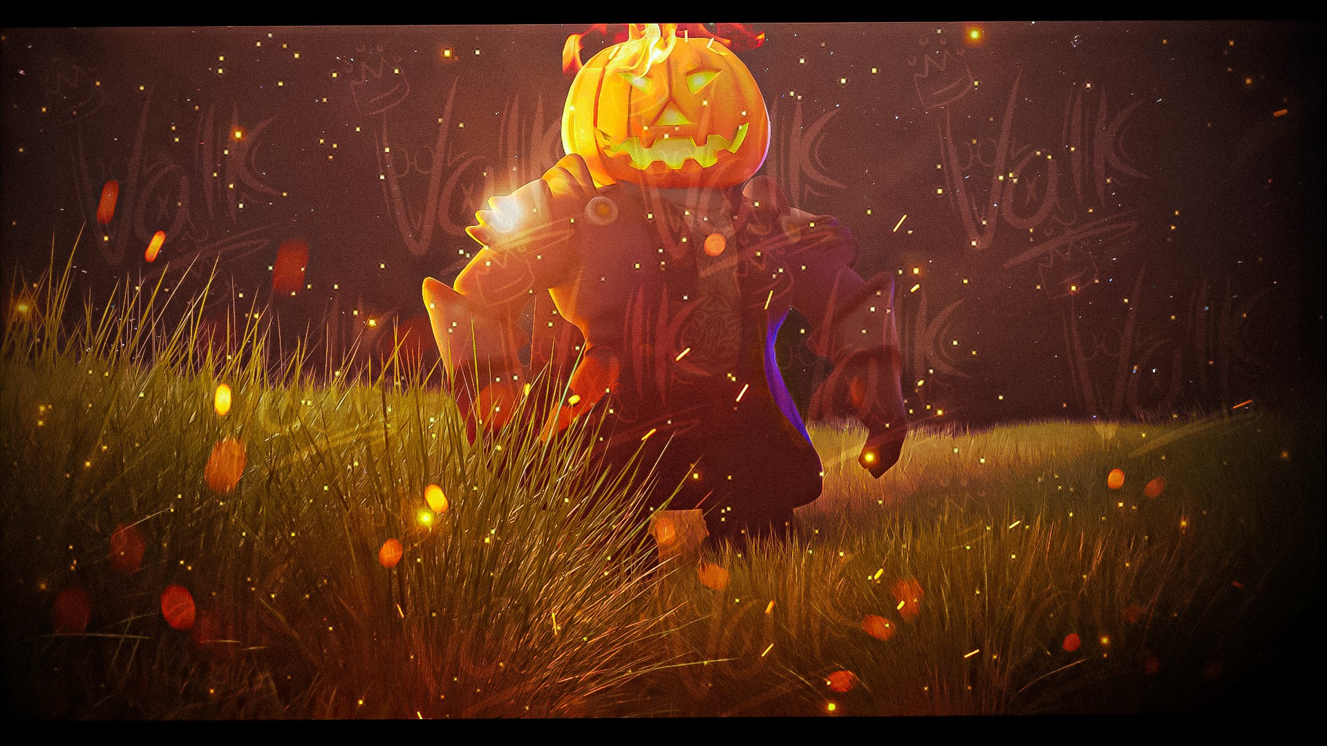 A roblox bundle (headless horseman) standing in green grass. Pumpkin on fire, multiple bokeh and fire effects