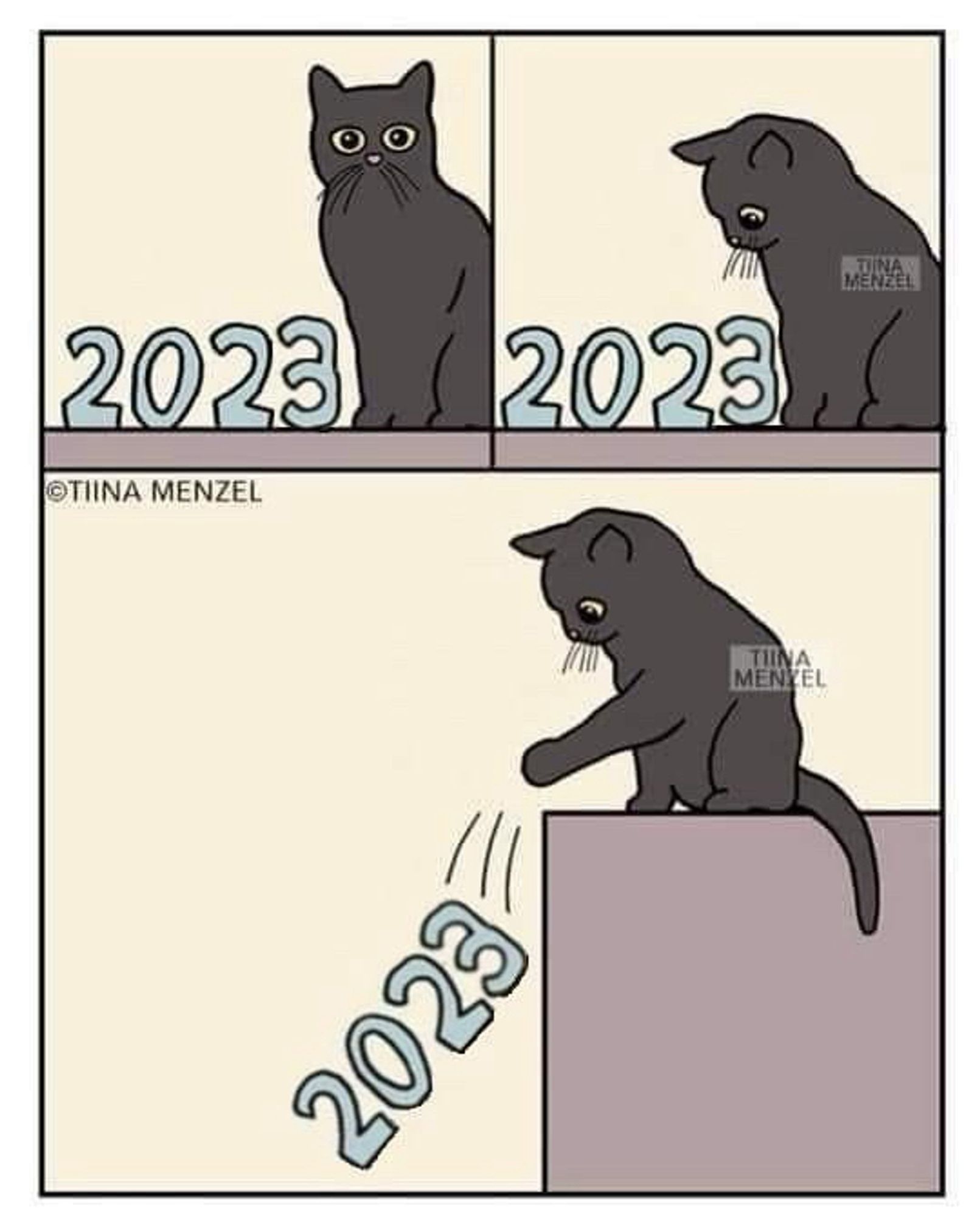 Illustration par Tiina Menzel
Chat noir qui regarde 2023 et le fait tomber à terre.