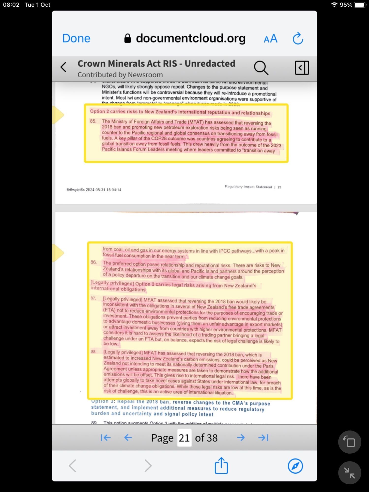 Text continues: 2. [Legally privileged] MFAT has assessed that reversing the 2018 ban, which is estimated to increased New Zealand's carbon emissions, could be perceived as New Zealand not intending to meet its nationally determined contribution under the Paris Agreement unless appropriate measures are taken to demonstrate how the additional emissions will be offset. This gives rise to international legal risk. There have been attempts globally to take novel cases against States under international law, for breach of their climate change obligations. While these legal risks are low at this time, as is the risk of challenge, this is an active area of international litigation.