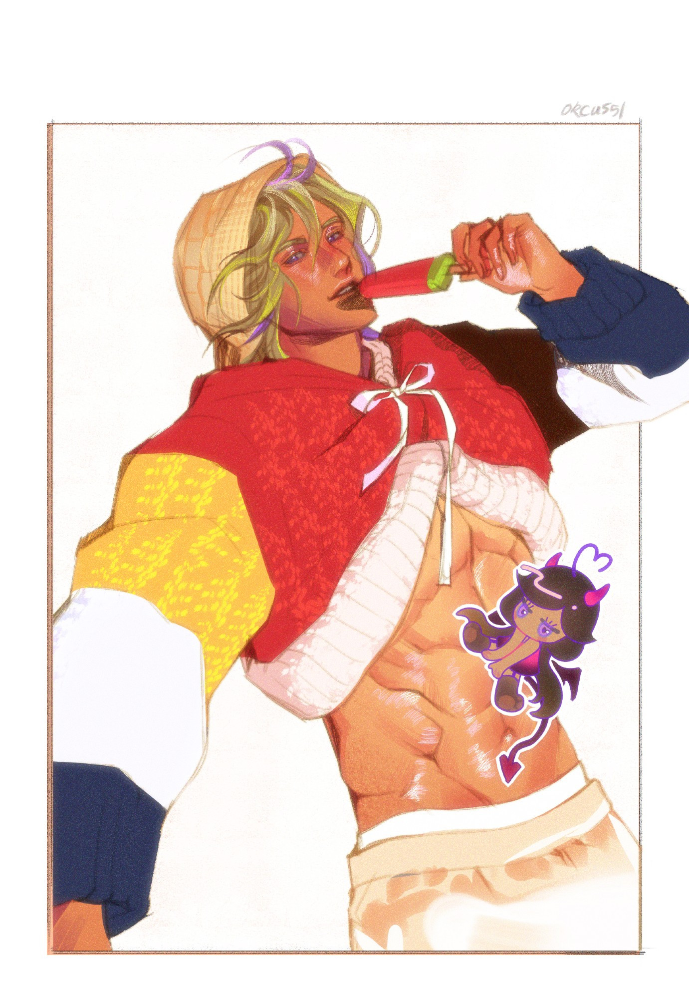 digital painting referencing the heatstroke photoshoot of a lime haired man with purple strands wearing winter clothes under glaring bright light, he smiles knowingly while eating a popsicle, his shirt lift up showing his abdominal area slick with sweat, a chibi of a succubus sitting on his stomach with a strand of hair bending into a heart symbol