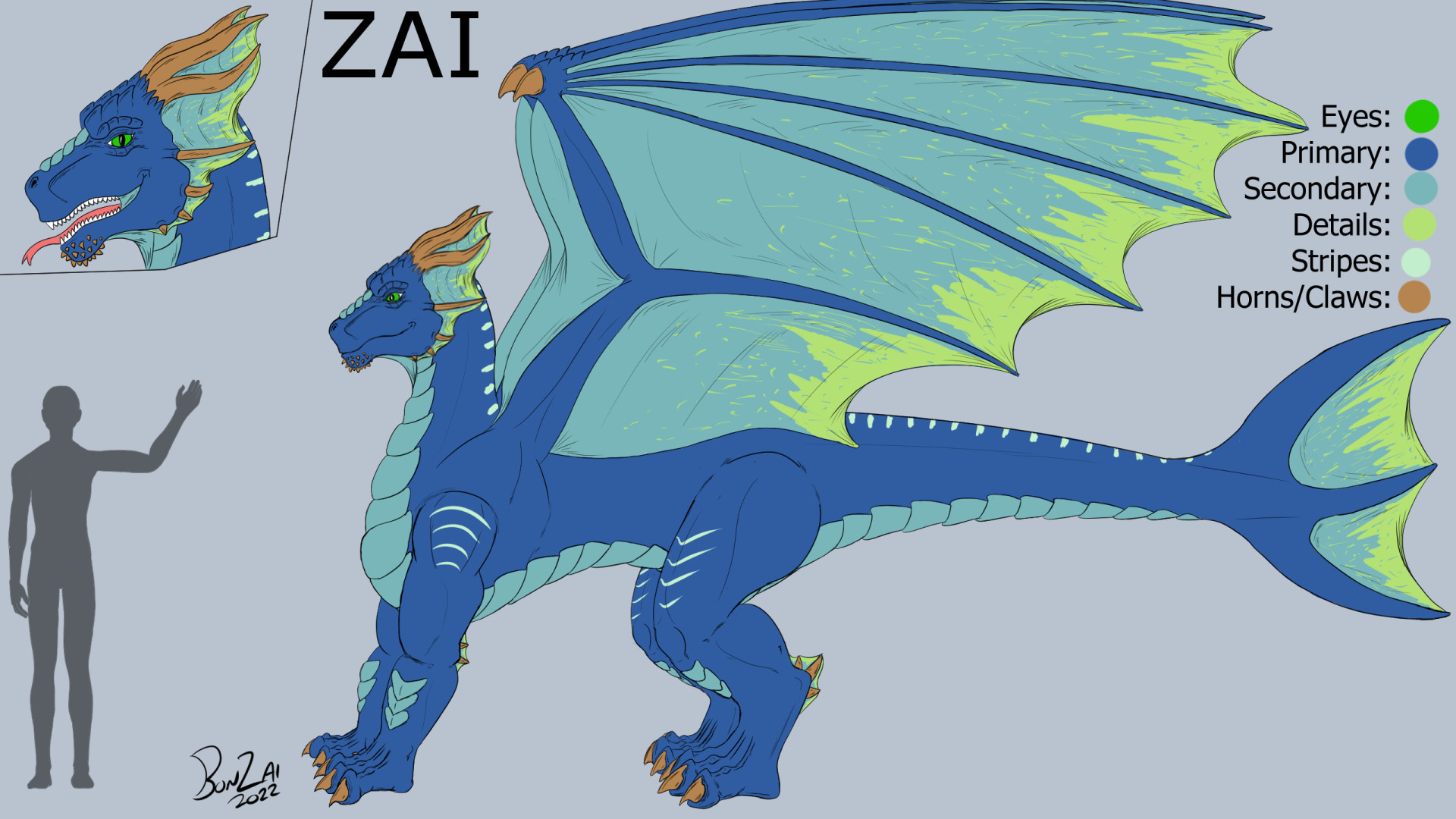 A 2D reference sheet of a blue and teal, quadrupedal seadragon