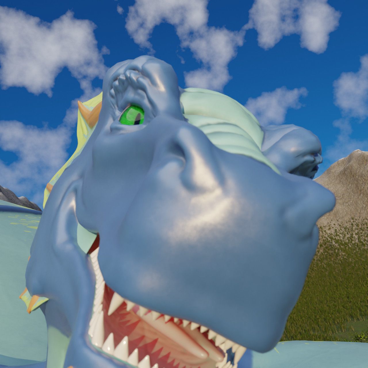 A very silly close up of a blue dragon, his snout takes up a large portion of the picture