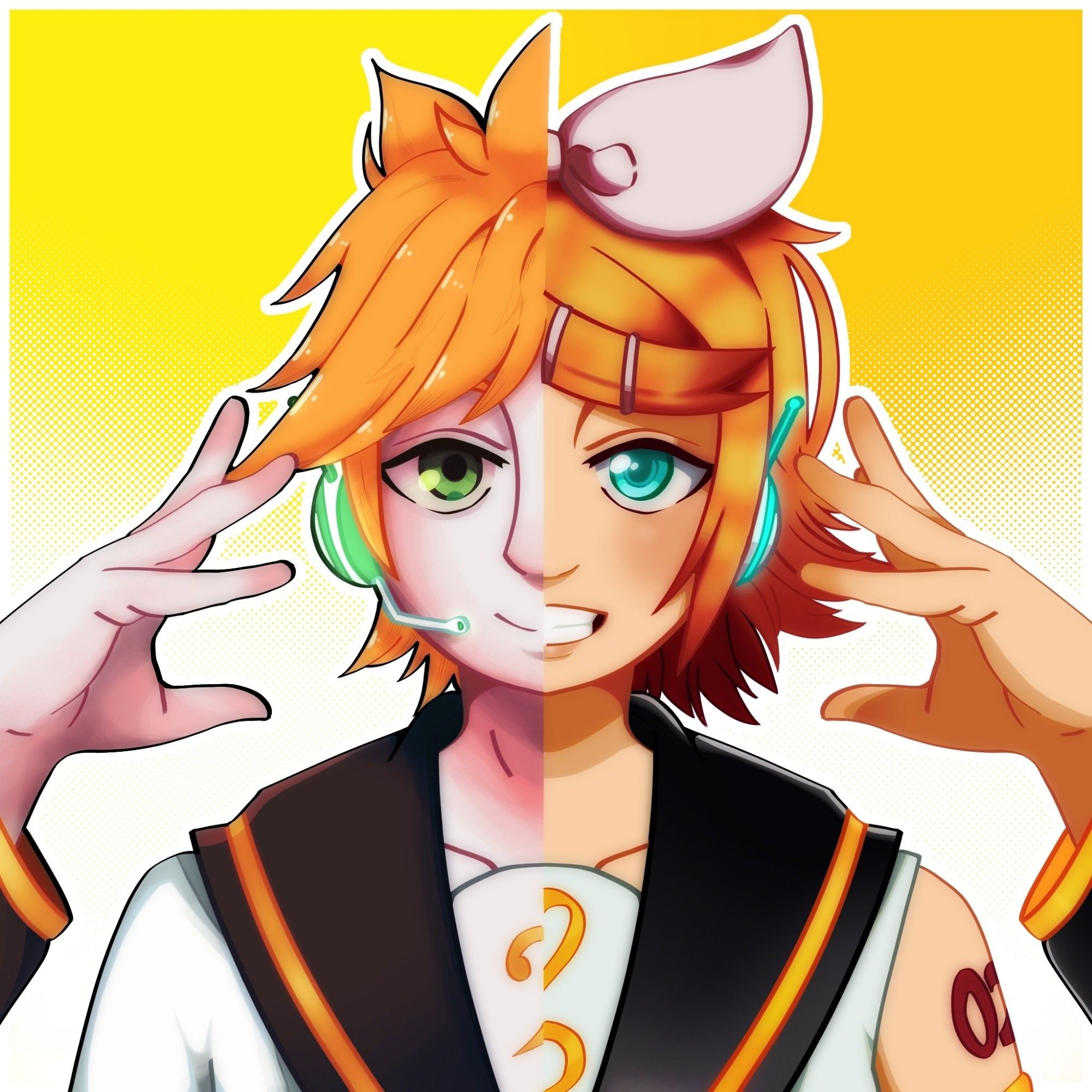 a split image, with the left side of kagamine len's face on the left and the right side of kagamine rin's face on the right. they each have a hand splayed next to the side of their face, with rin wearing a bright wide smile and len wearing a softer smile. they are wearing similar shirts with rin's being a sailor top with no sleeves and len's being a sailor top with short sleeves. they are both rendered in varying styles and in slightly different color palettes.