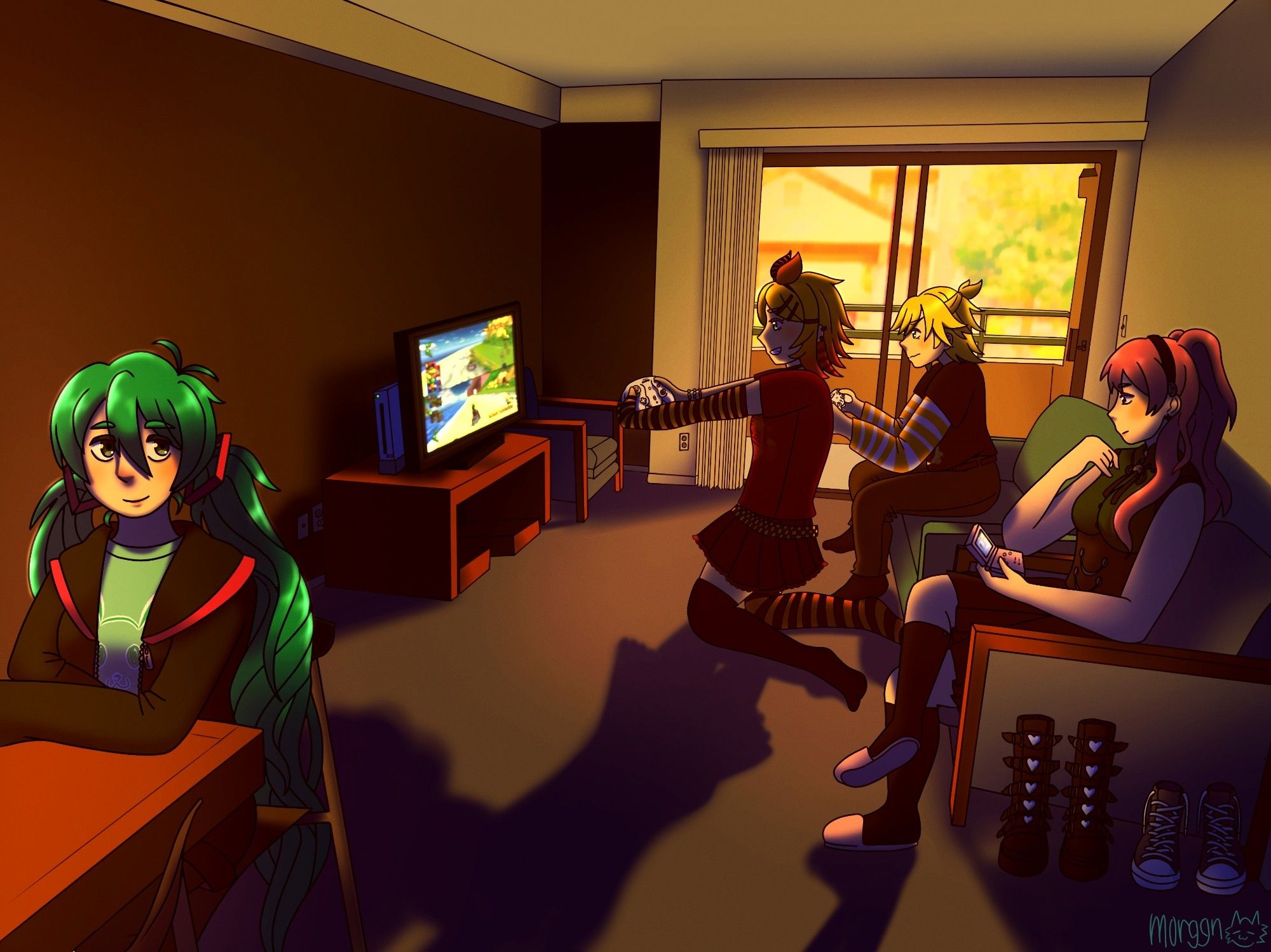 an apartment living room, with gray and white walls and a light gray carpet, gray and wood chairs, a wood dining table and a green couch. The room is lit by the afternoon sun pouring in from the balcony, as well as a light over the table. Rin and Len, dressed in scene and grunge casual wear, respectively, sit by the TV, playing Mario Kart Double Dash on the Wii using Wavebird controllers. Luka sits in an adjacent chair, in a green and black oujo coord with her hair in a ponytail and wearing pink house slippers, narrowly focused on the game she plays on her GBA. Rin and Len's shoes sit next to the chair she sits in, a pair of Demonia boots and a pair of Converse sneakers respectively. Miku wears sweats and has her ponytails set low, and wears a soft smile. The entire room is dyed shades of orange and brown by the late afternoon sun.