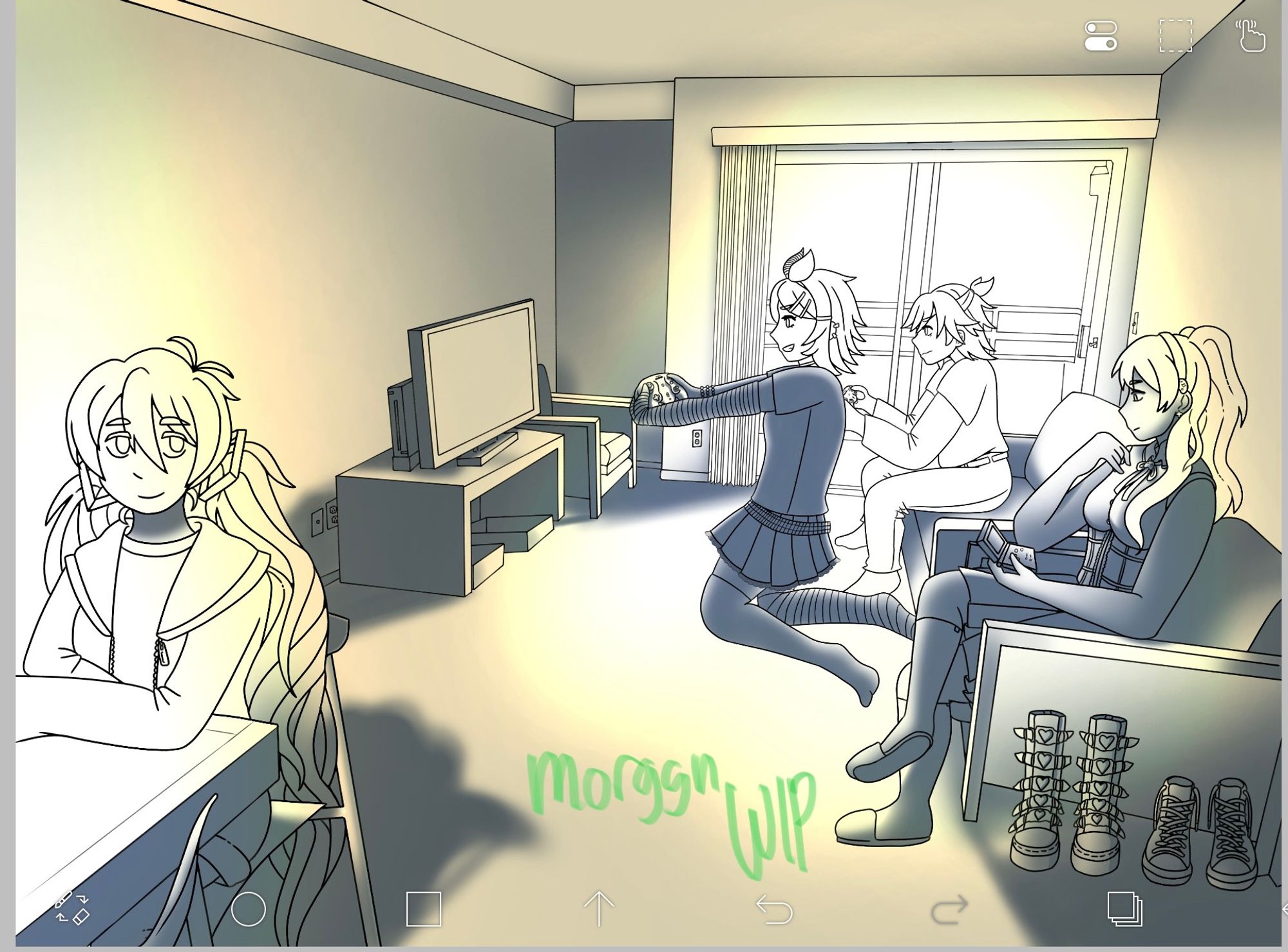 artwork of vocaloids miku, luka, rin, and len in an apartment living room. miku sits at a table, luka sits in a chair to the left of the couch holding a GBA, and rin and len play a game displayed on the TV. Light shines in from the balcony, casting deep blue shadows across the room. the image is only partially finished, with incomplete lighting and shadows and no color. The watermark reads "morggn (morgan), W.I.P."