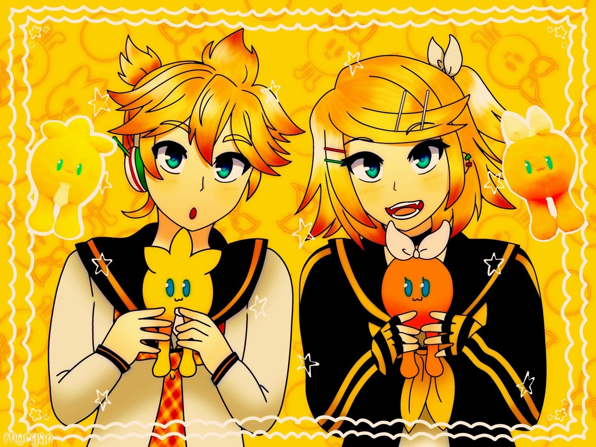 kagamine rin (right) and len (left), holding mascot plushes modeled after them. Rin has her hair partially tied up with a bow, and is wearing hair clips and earrings. she's wearing a black and yellow sport-striped jacket, a white sailor top with a black collar yellow bow, and black and yellow striped gloves. she is smiling widely. len is wearing headphones that are white, green, and red, as well as a white sailor top with a black collar and orange tie. he wears an expression of astonishment. Rin's plush is small and round, a sphere with two little cartoony legs poking out at the bottom. it is orange with blue dot eyes and has a white bow like rin's at the top. len's is similar, with fringe like his and a white tie. stickers of the actual plushes sit on either side of them, and the background is bright yellow with a pattern that looks like outlines of the plushes behind them. there is also a white cloud frame and little white stars above the entire illustration.