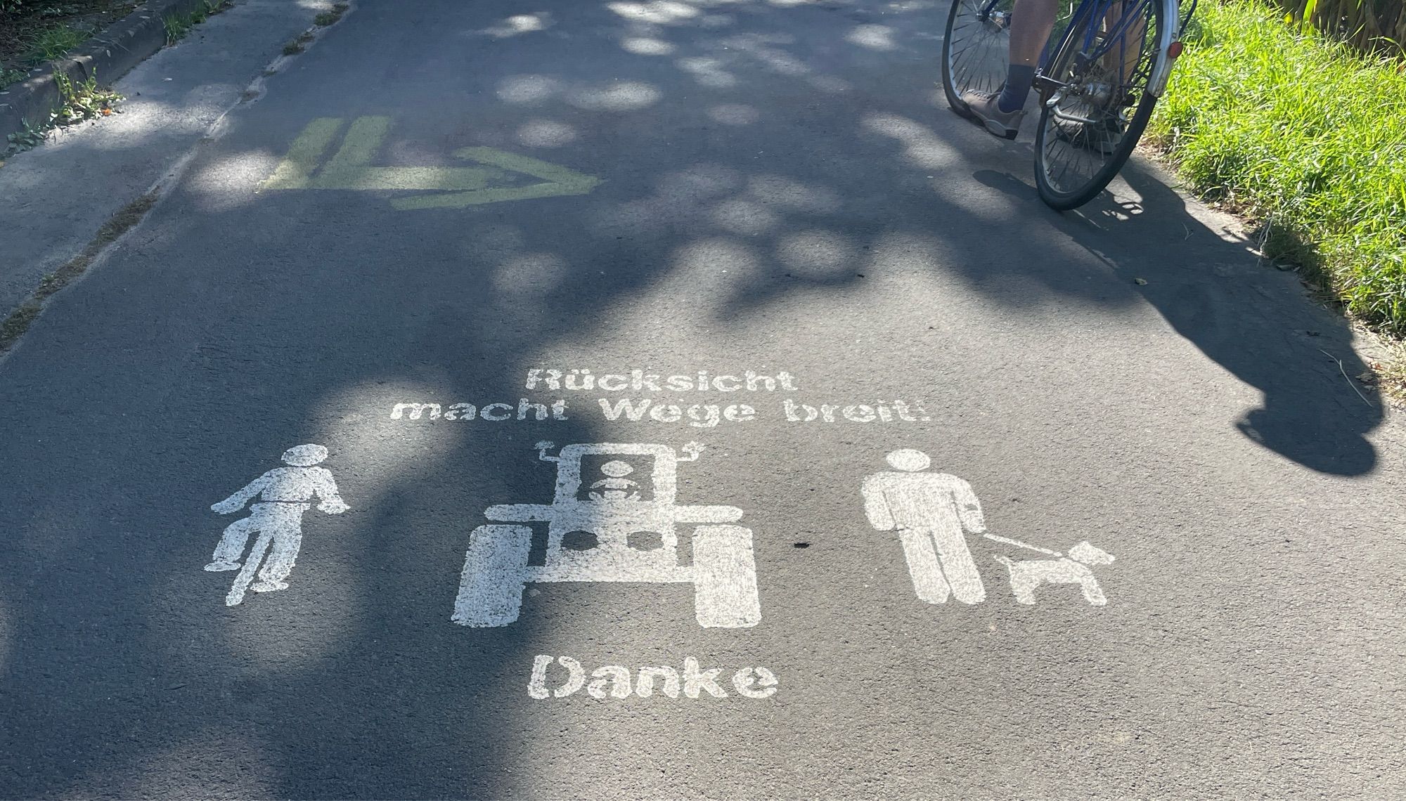 Feldweg 3m Breite mit nebeneinander aufgebrachten icons für Radfahrende, Traktor und Person mit Hund rechts und links davon sind noch etwa 70cm platz 
Der Gemalte Traktor ist knapp 3mal so breit wie das RadIcon und eineinhalb mal so breit wie Mensch mit Hund