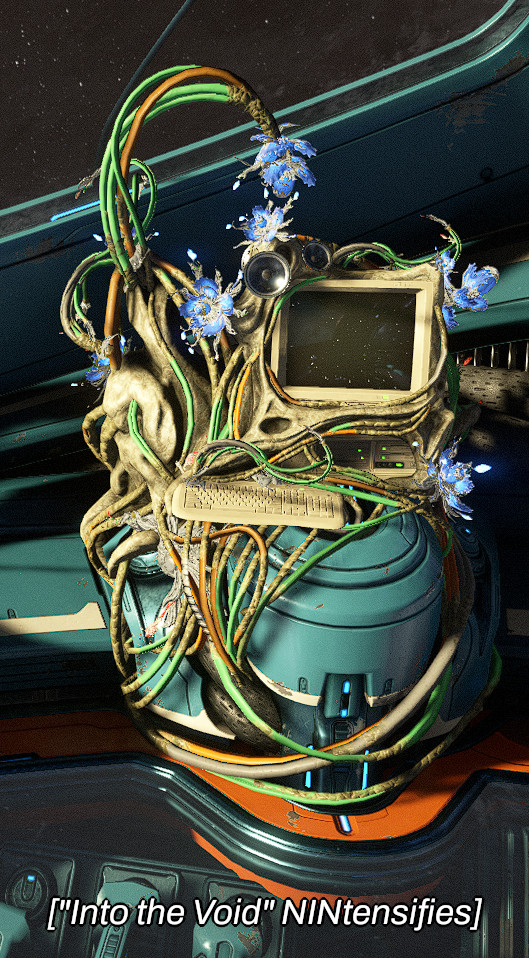 Image of the new orbiter console to access the 1999 demo in Warframe. Closed Caption-style text added to the bottom reads: ["Into the Void" NINtensifies]