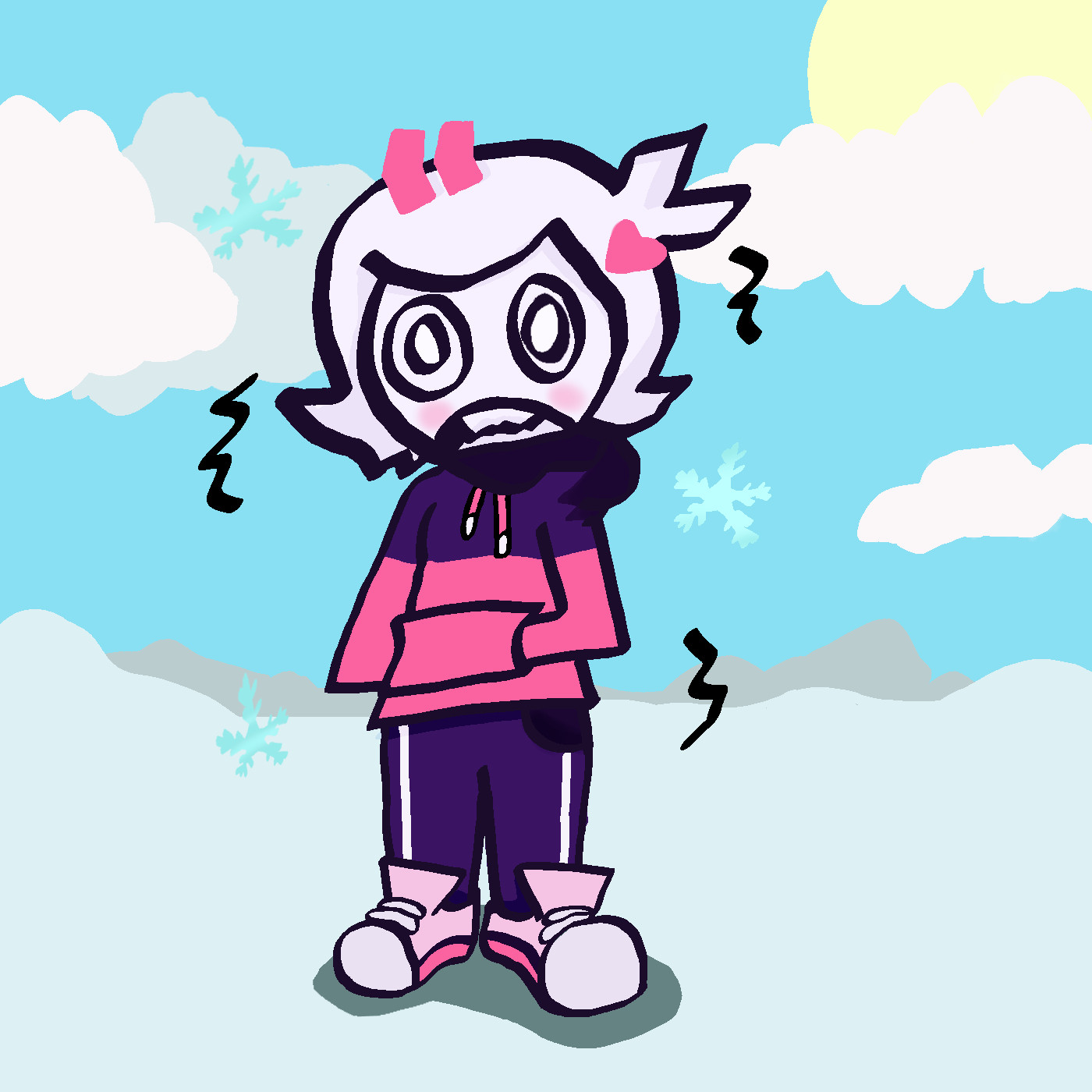 A digital drawing of a character called Penni Painkiller, she is wearing a purple and pink hoodie, purple pants with a straight white line down the sides of the pants, light and dark pink shoes with some white on the fronts. She has pink hair clips in. She is depicted with shiver marks and rosy cheeks. The background is full of snow and clouds with the sun partially obscured by a cloud on the right hand side.