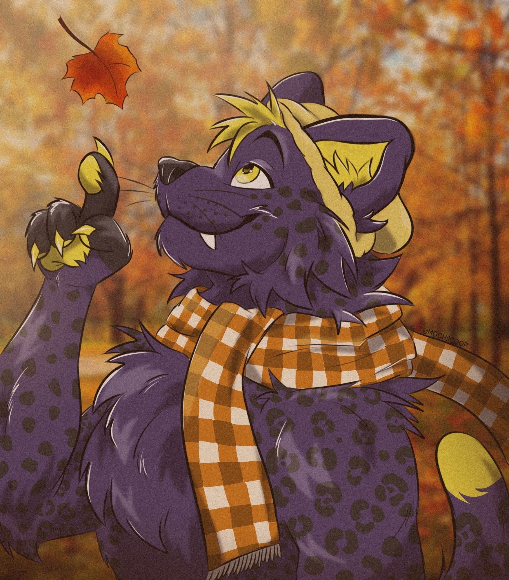 A purple and yellow panther reaching his paw out to touch a maple leaf falling on the ground