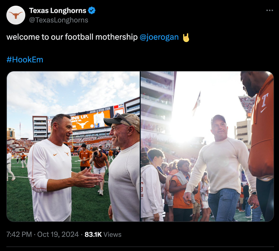 the official texas longhorns account with a tweet with photos of joe rogan at the game 